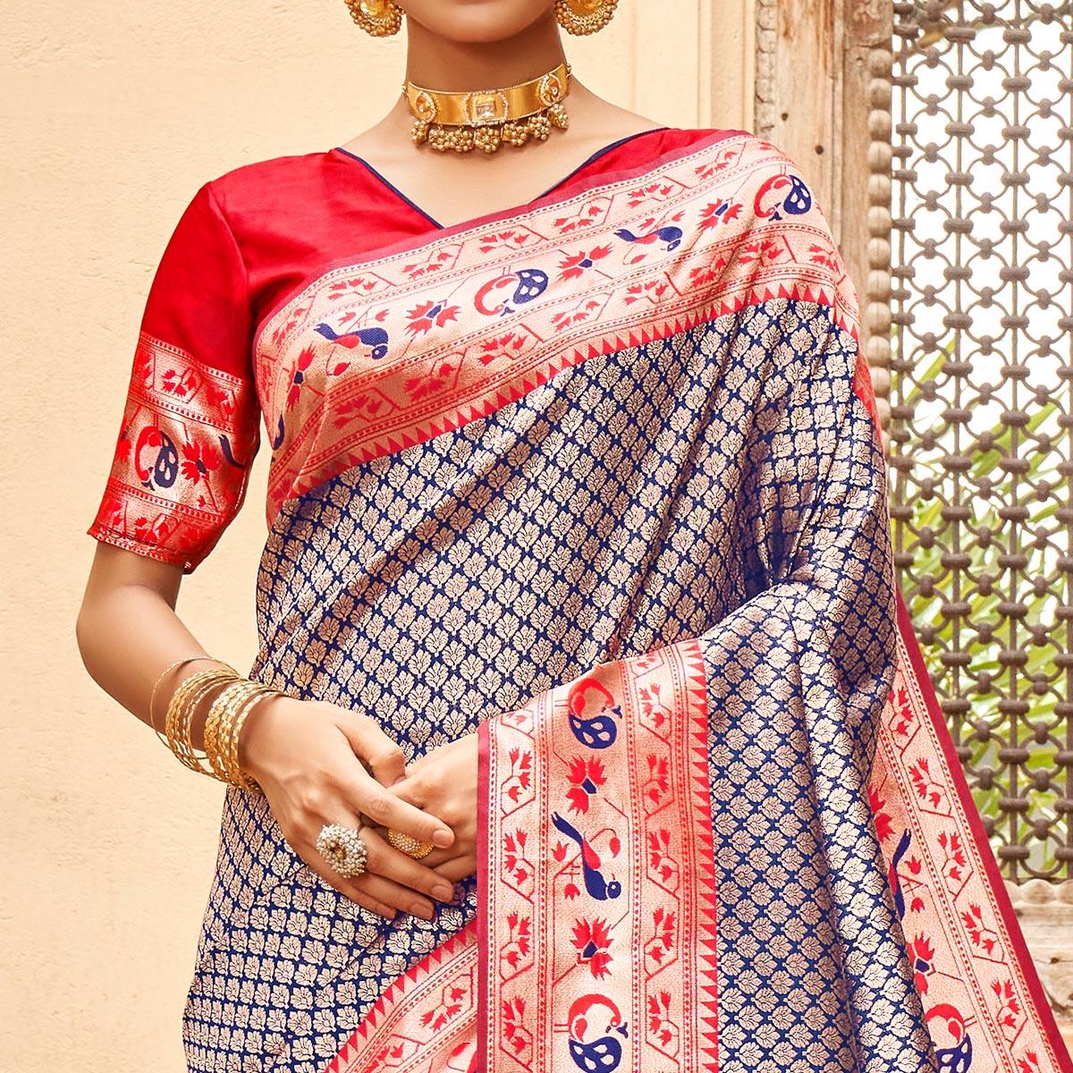 Blue Woven Banarasi Silk Saree - Peachmode
