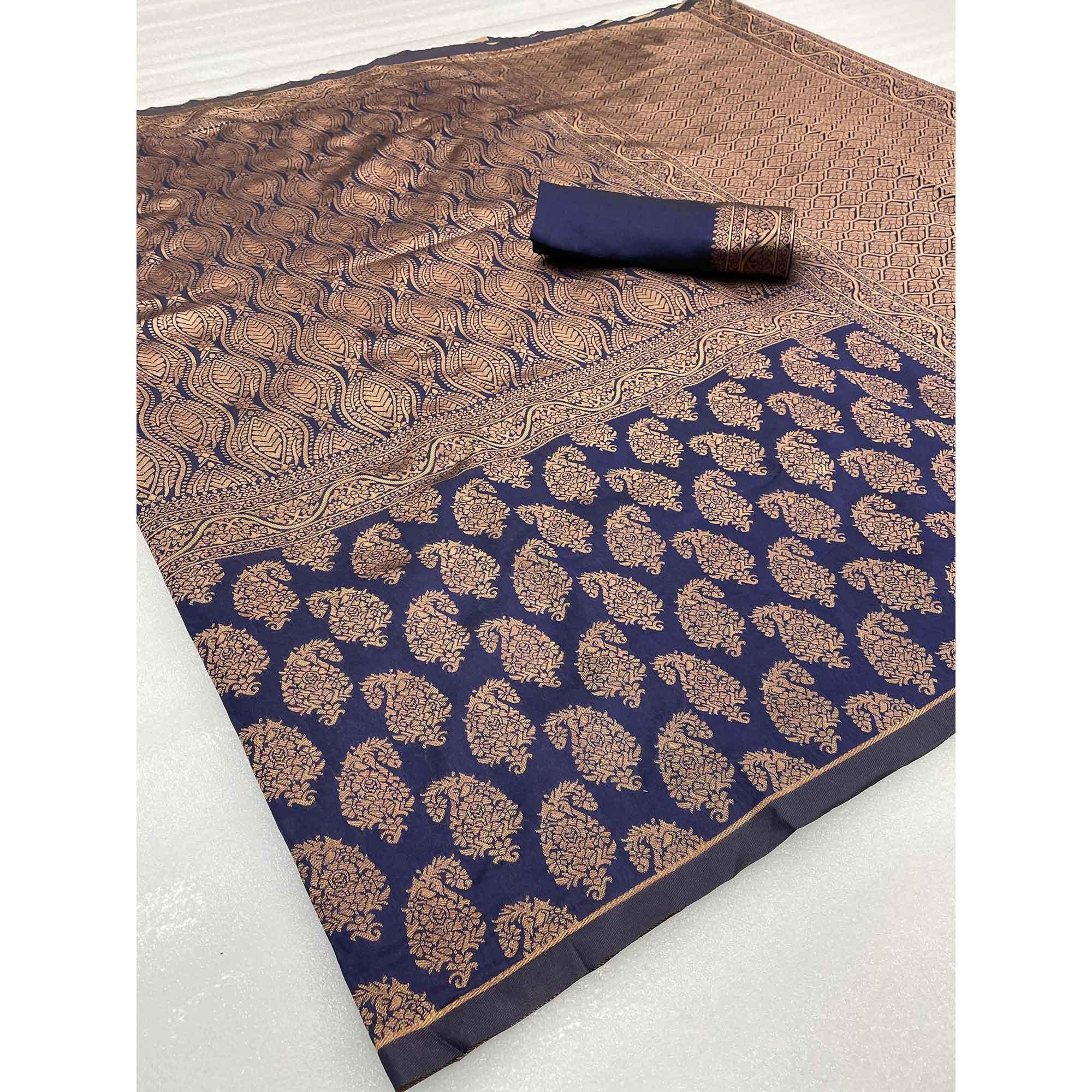 Blue Woven Banarasi Silk Saree - Peachmode