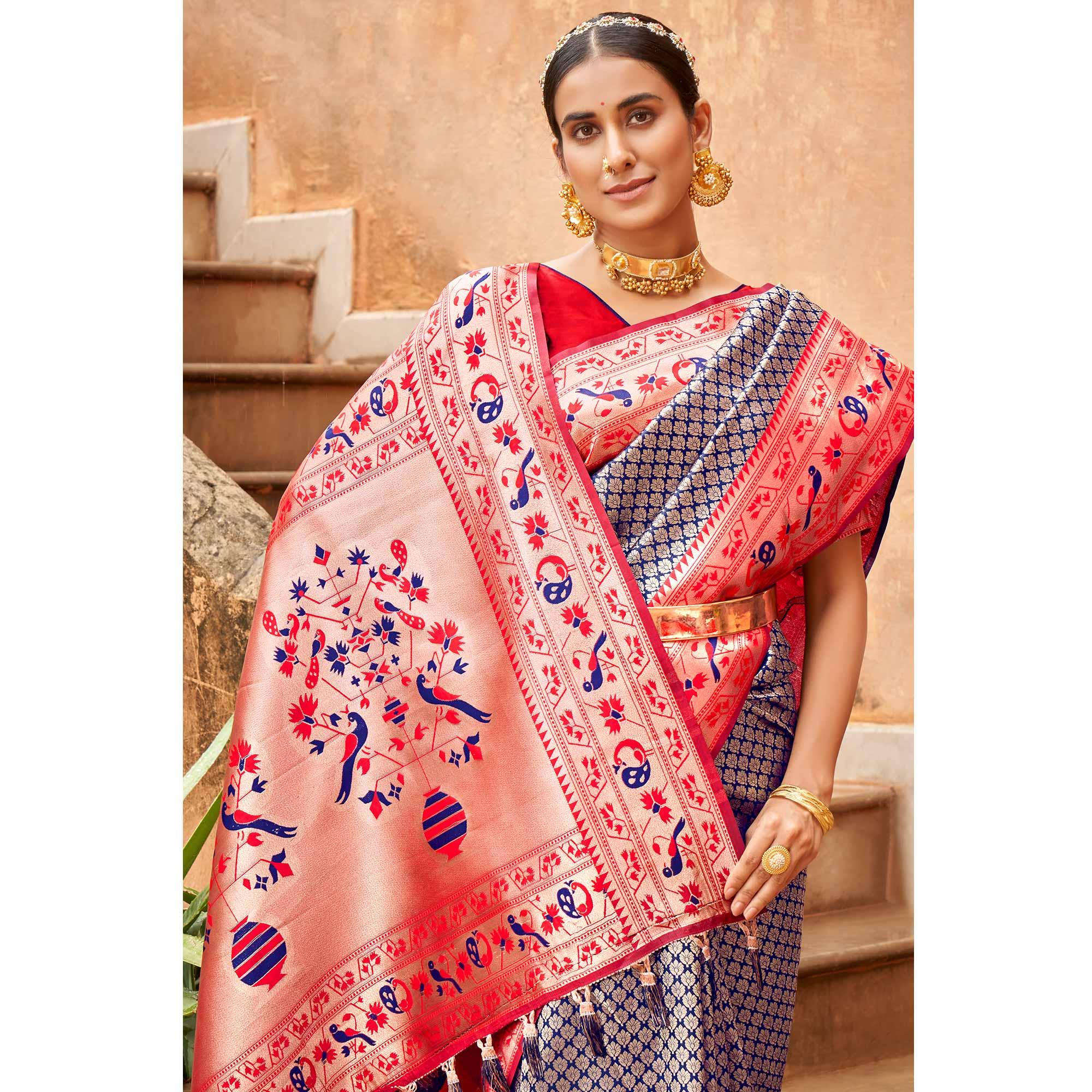 Blue Woven Banarasi Silk Saree - Peachmode