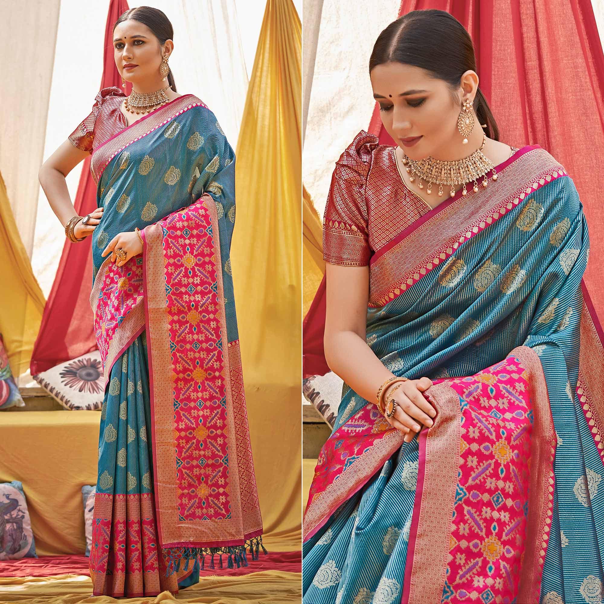 Blue Woven Banarasi Silk Saree With Tassels - Peachmode