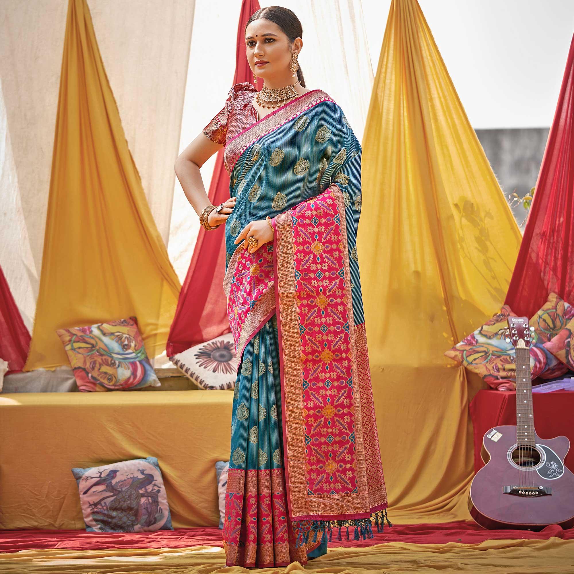 Blue Woven Banarasi Silk Saree With Tassels - Peachmode
