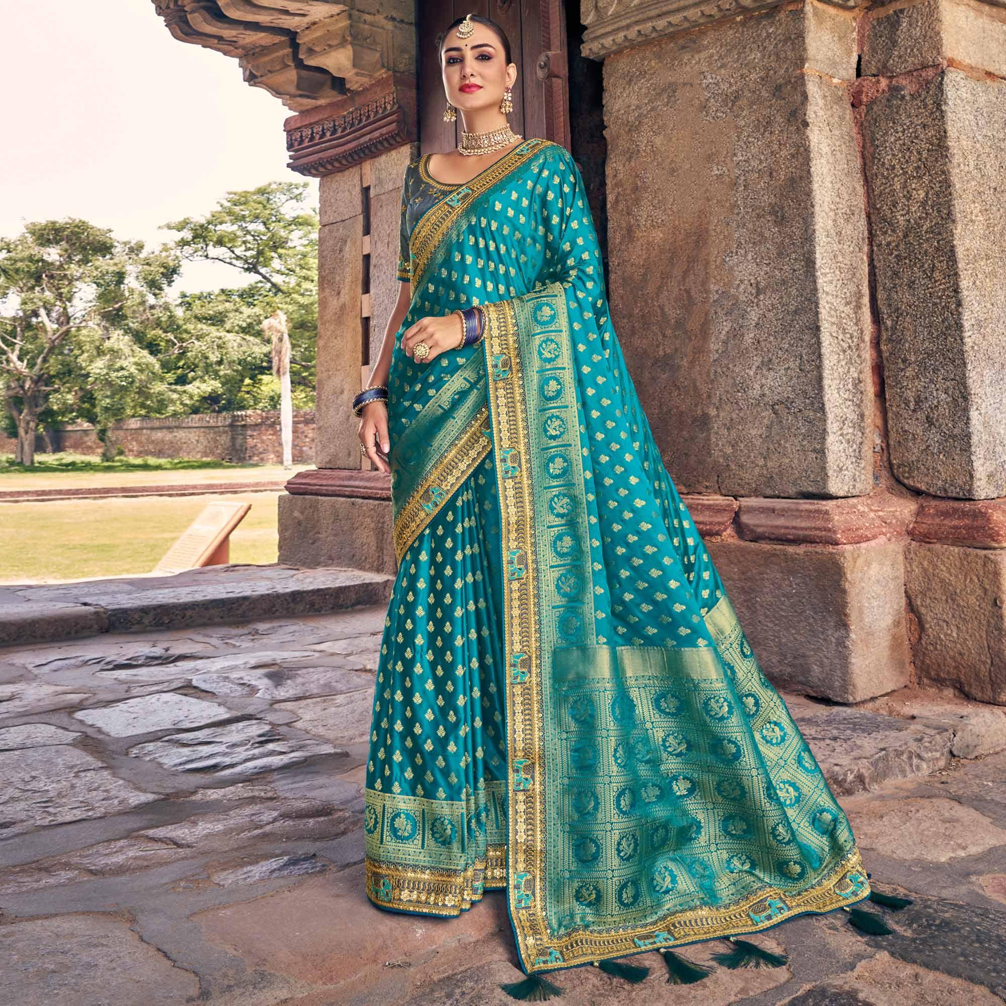 Blue Woven Banarasi Silk Saree With Tassels - Peachmode