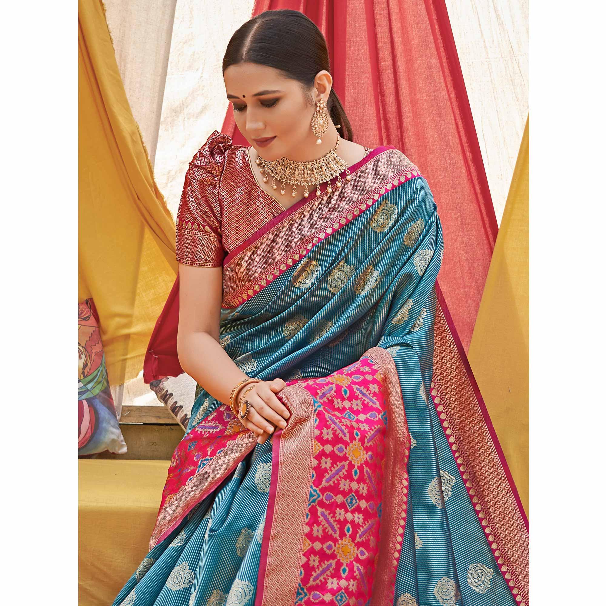 Blue Woven Banarasi Silk Saree With Tassels - Peachmode