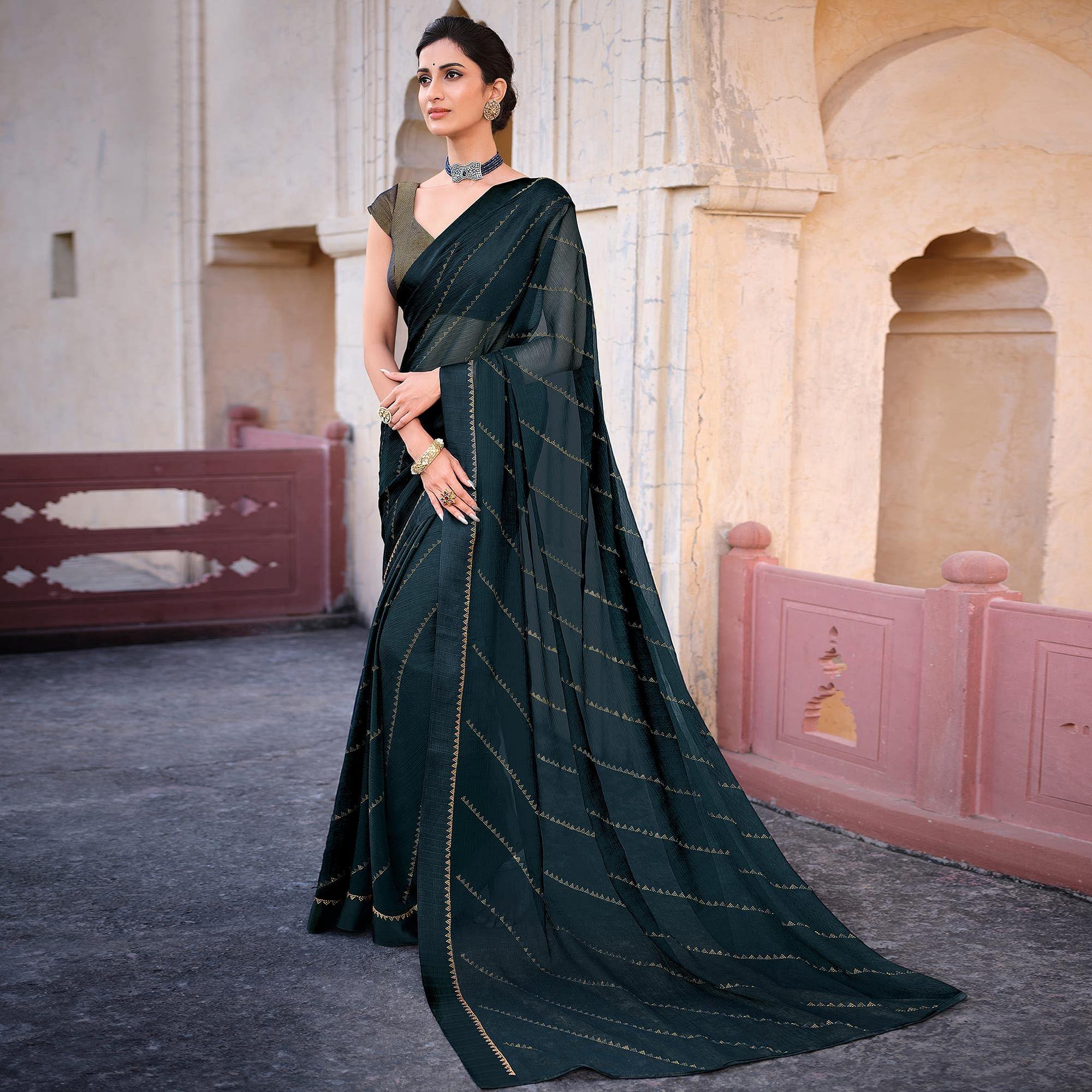 Blue Woven Chiffon Saree - Peachmode