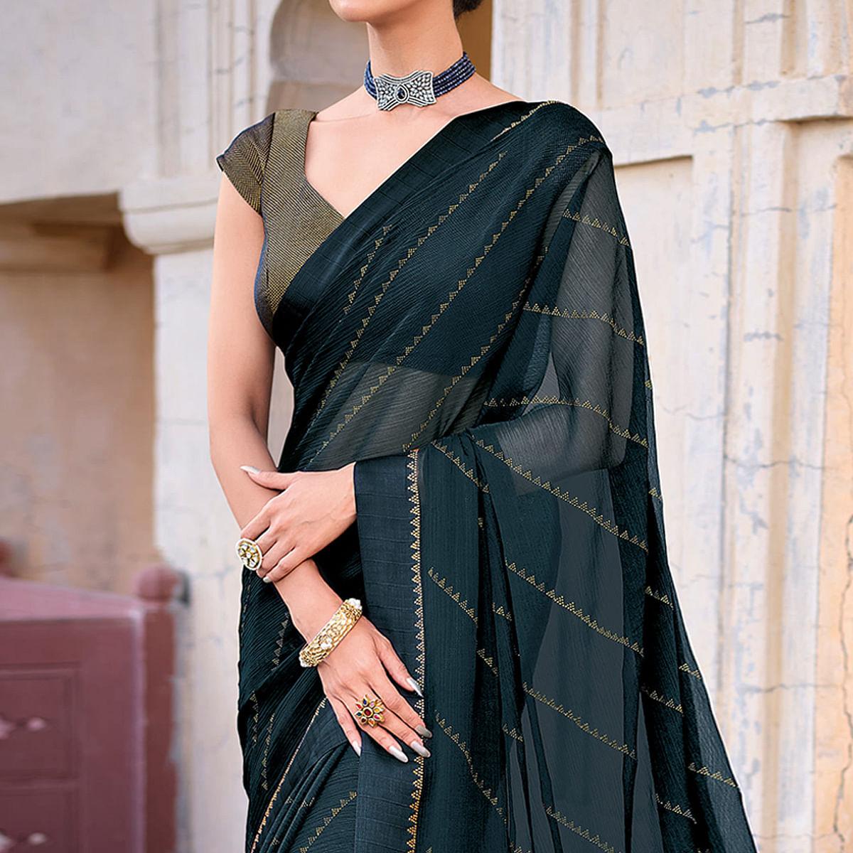 Blue Woven Chiffon Saree - Peachmode