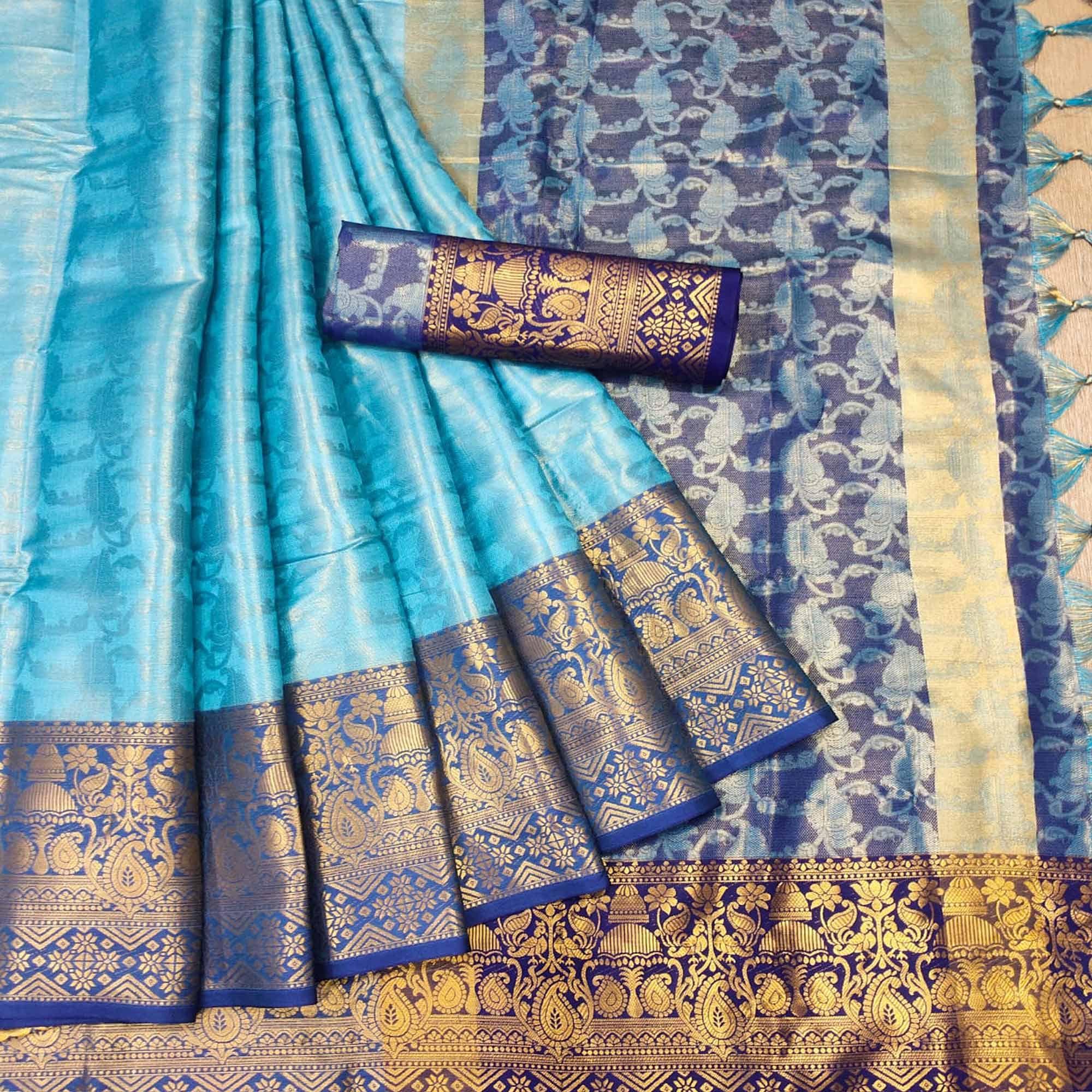 Blue Woven Cotton Silk Saree - Peachmode