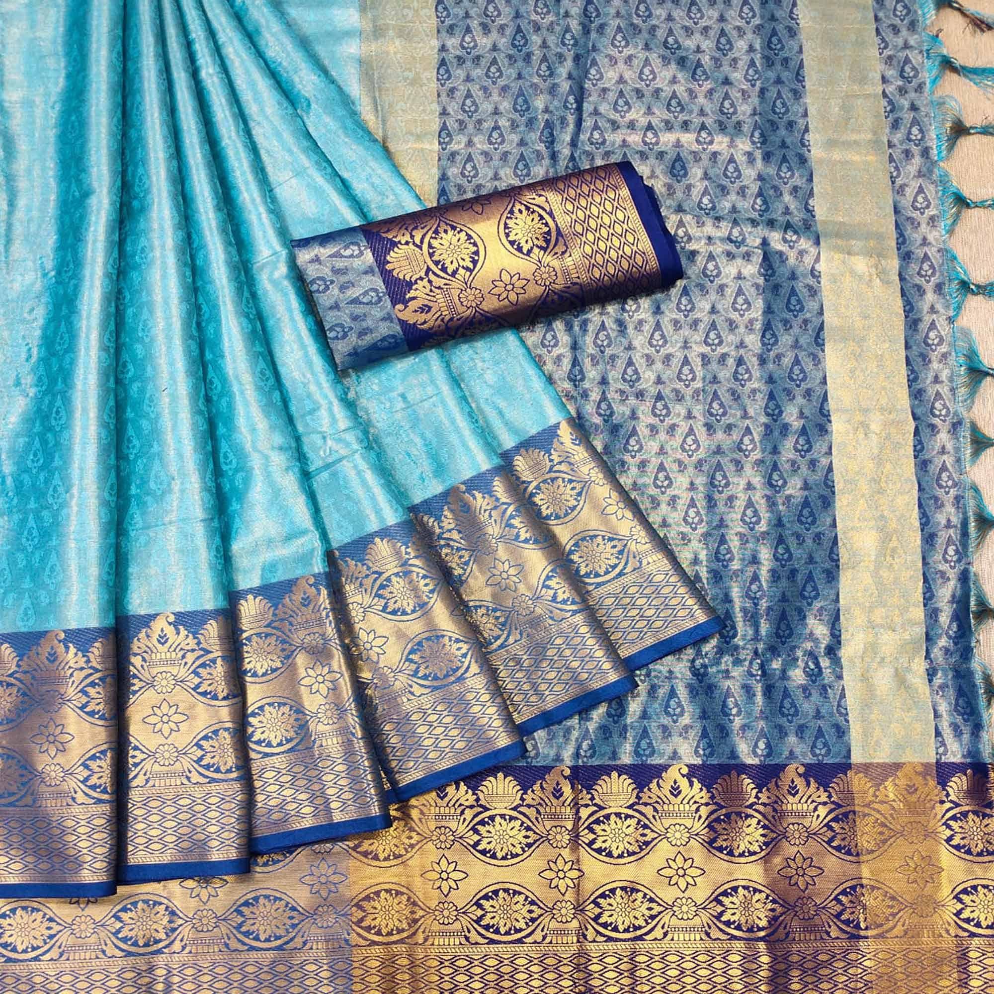 Blue Woven Cotton Silk Saree - Peachmode