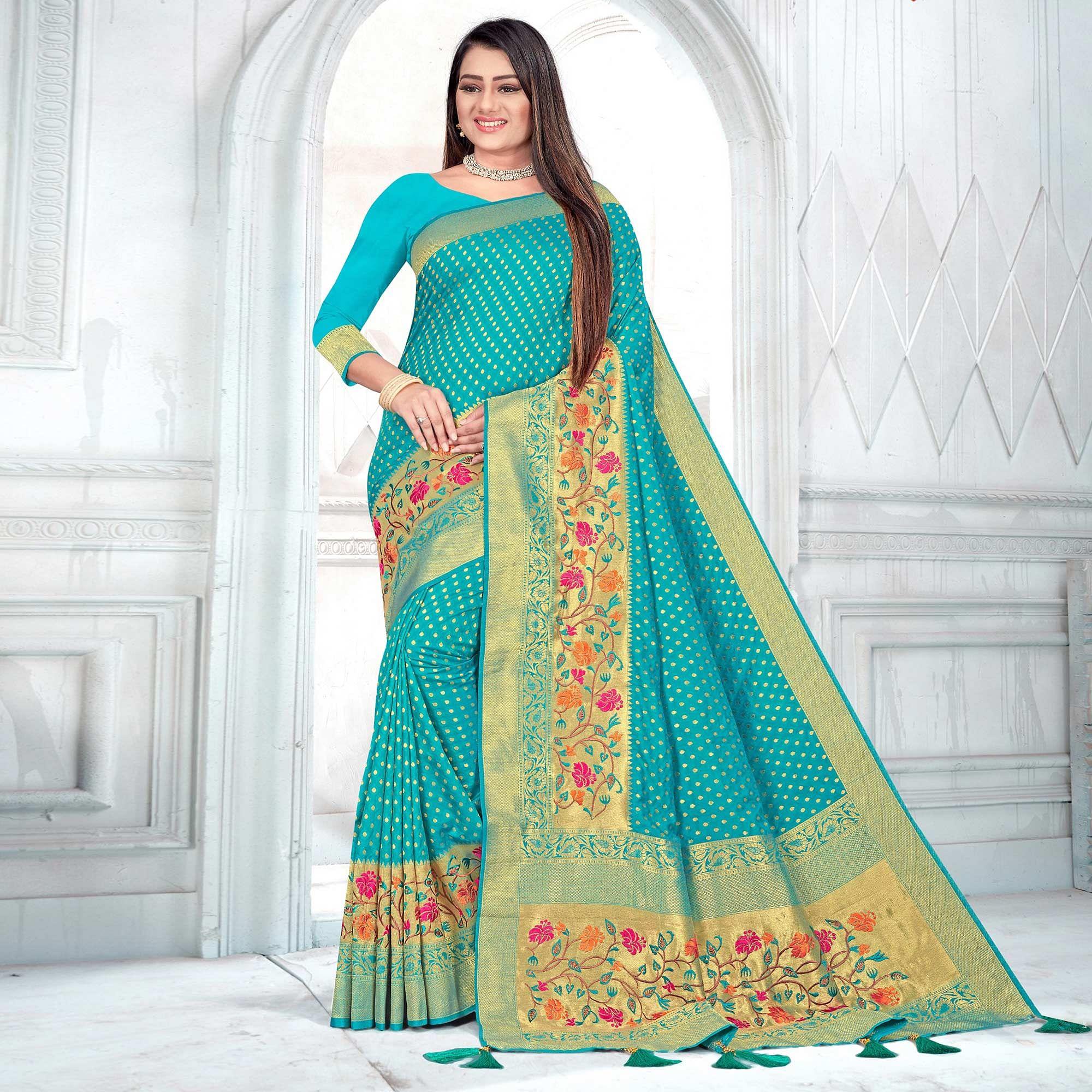 Blue Woven Cotton Silk Saree - Peachmode