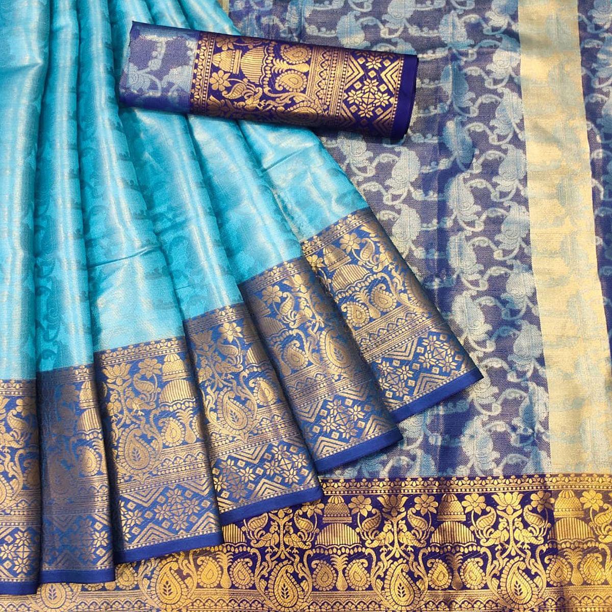 Blue Woven Cotton Silk Saree - Peachmode