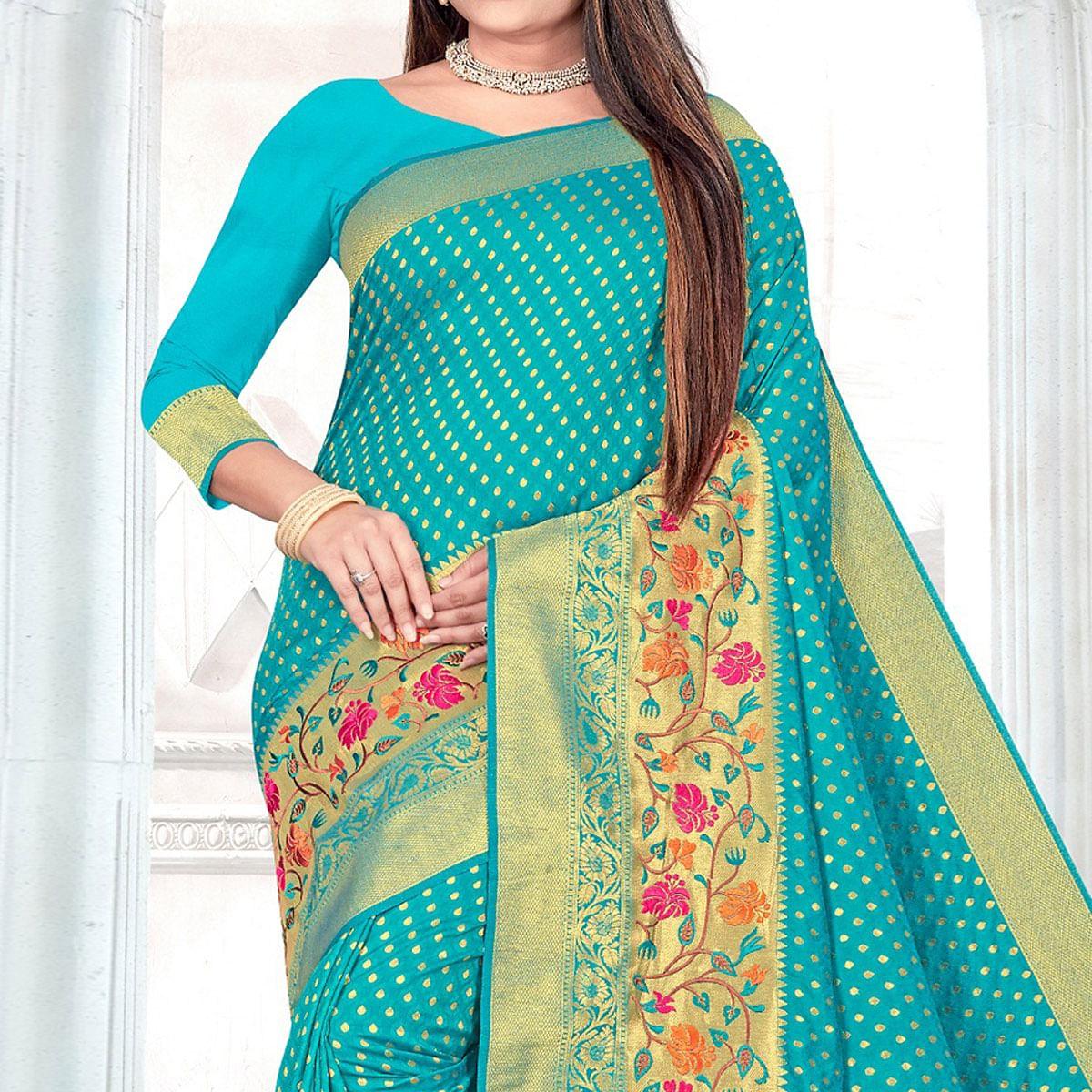 Blue Woven Cotton Silk Saree - Peachmode