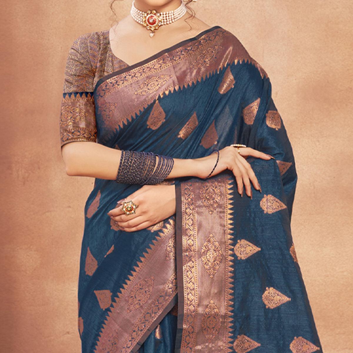 Blue Woven Cotton Silk Saree - Peachmode
