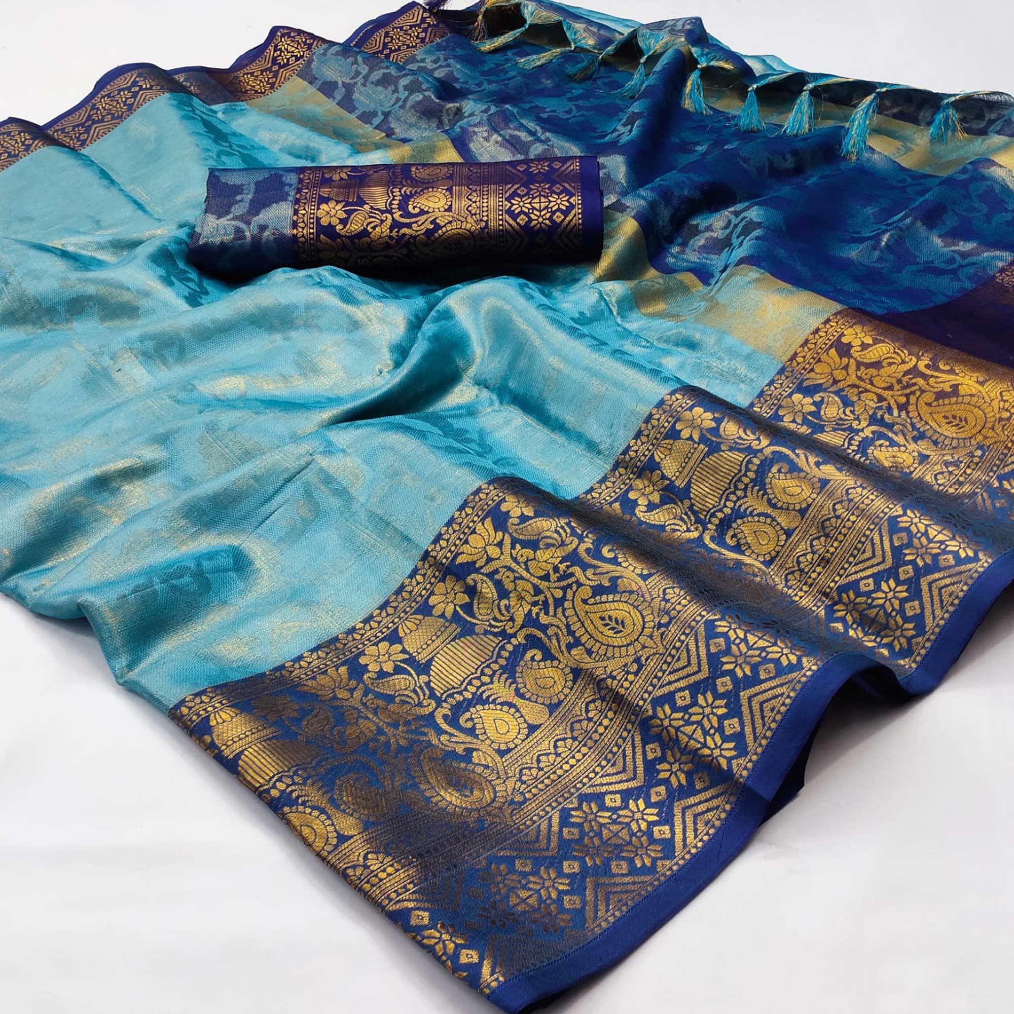 Blue Woven Cotton Silk Saree - Peachmode