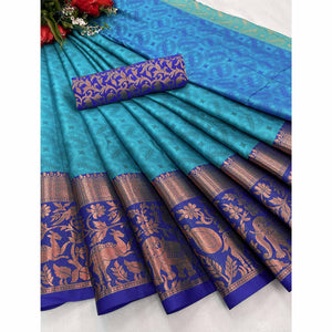 Blue Woven Cotton Silk Saree - Peachmode