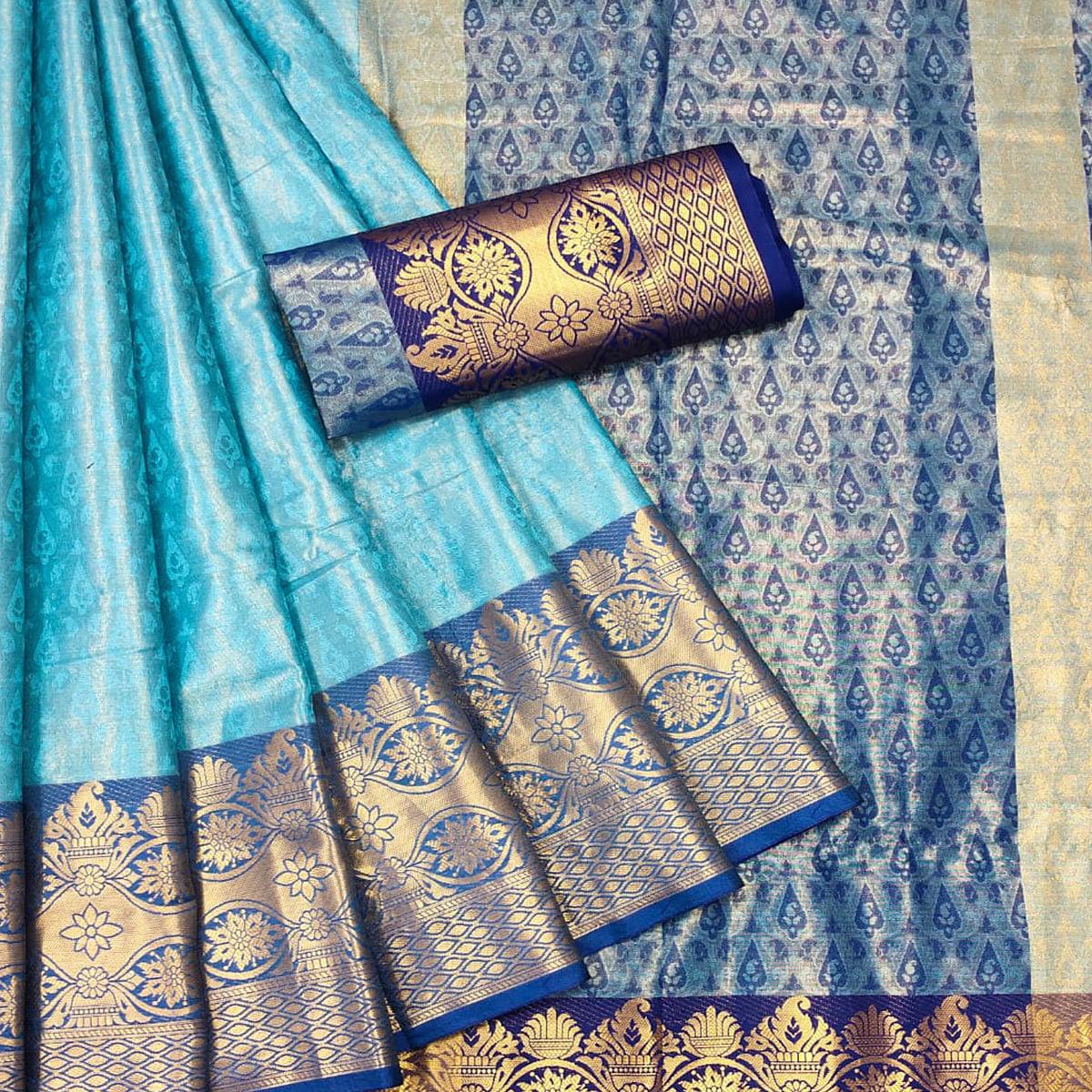 Blue Woven Cotton Silk Saree - Peachmode