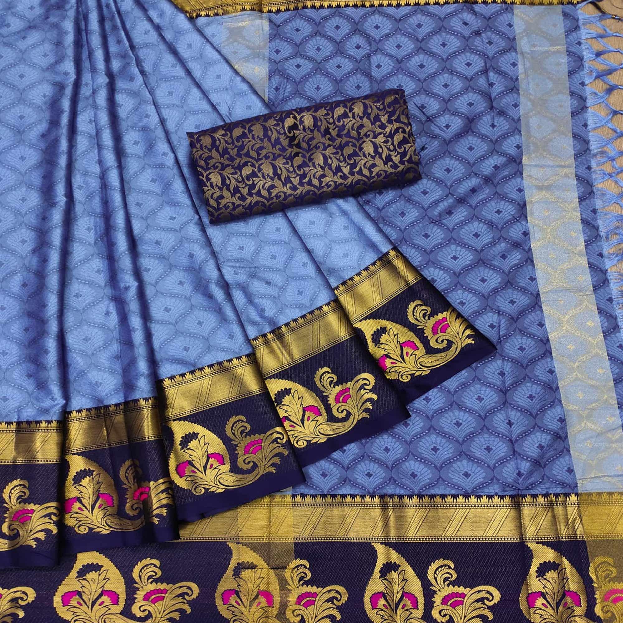 Blue Woven Cotton Silk Saree With Tassels - Peachmode