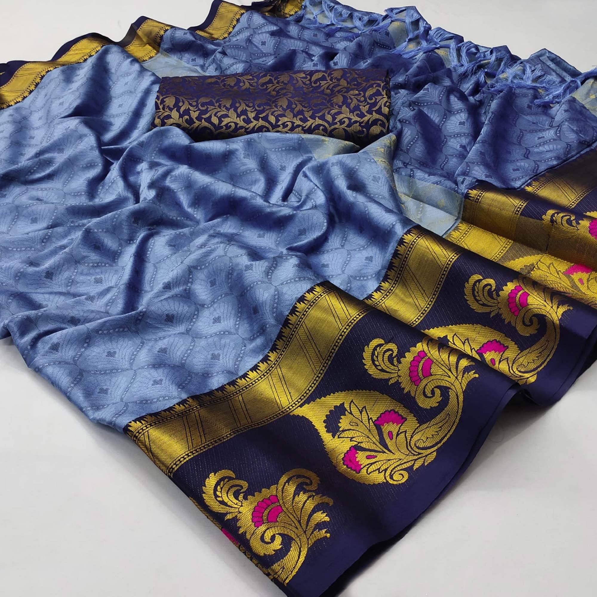 Blue Woven Cotton Silk Saree With Tassels - Peachmode