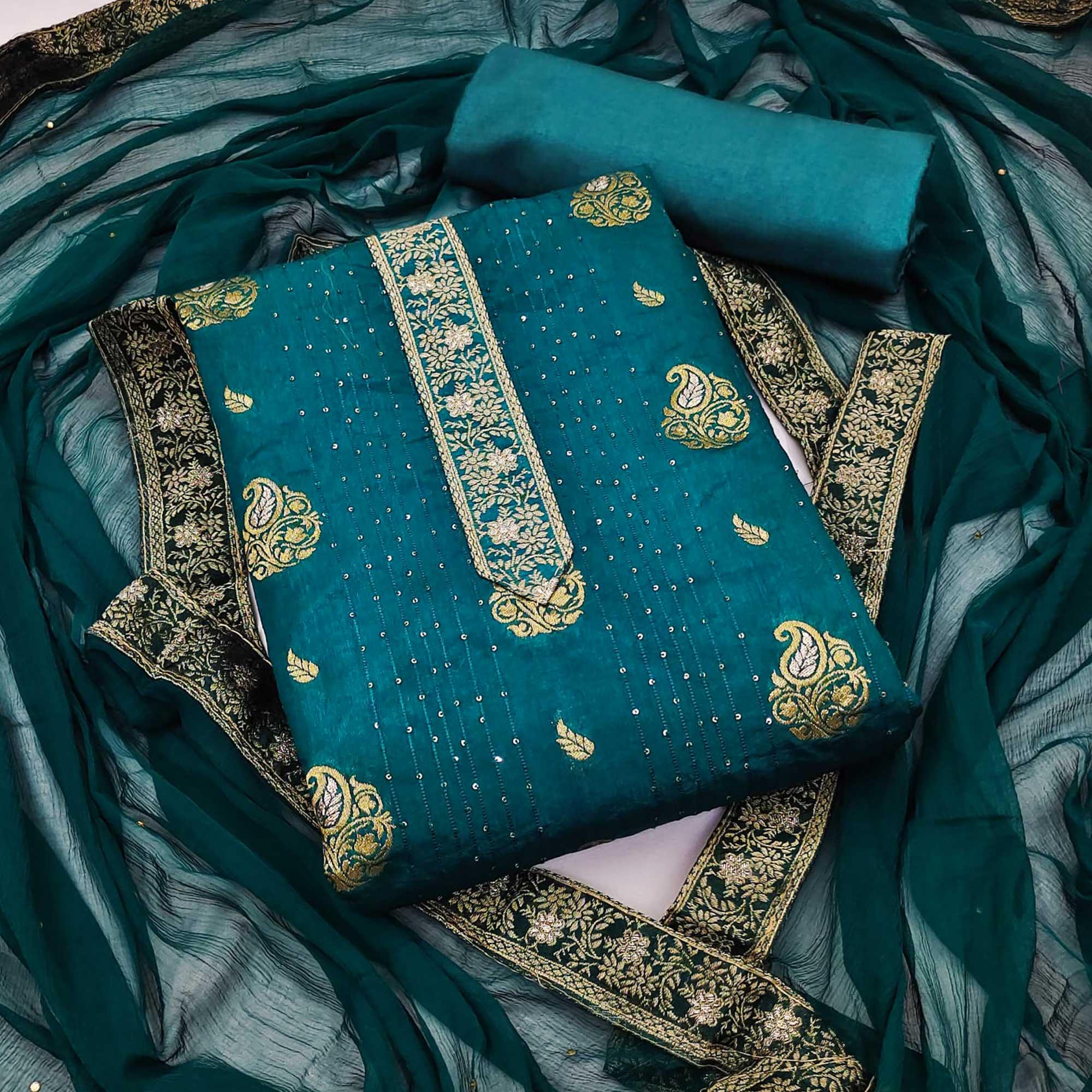Blue Woven Dola Silk Dress Material - Peachmode