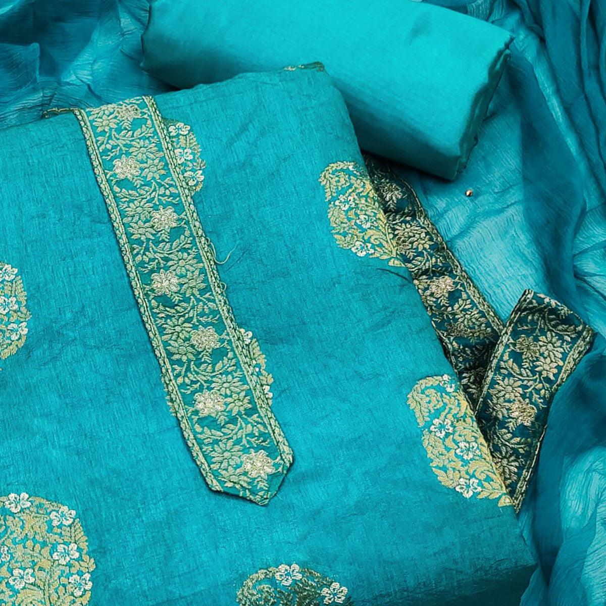 Blue Woven Dola Silk Dress Material - Peachmode