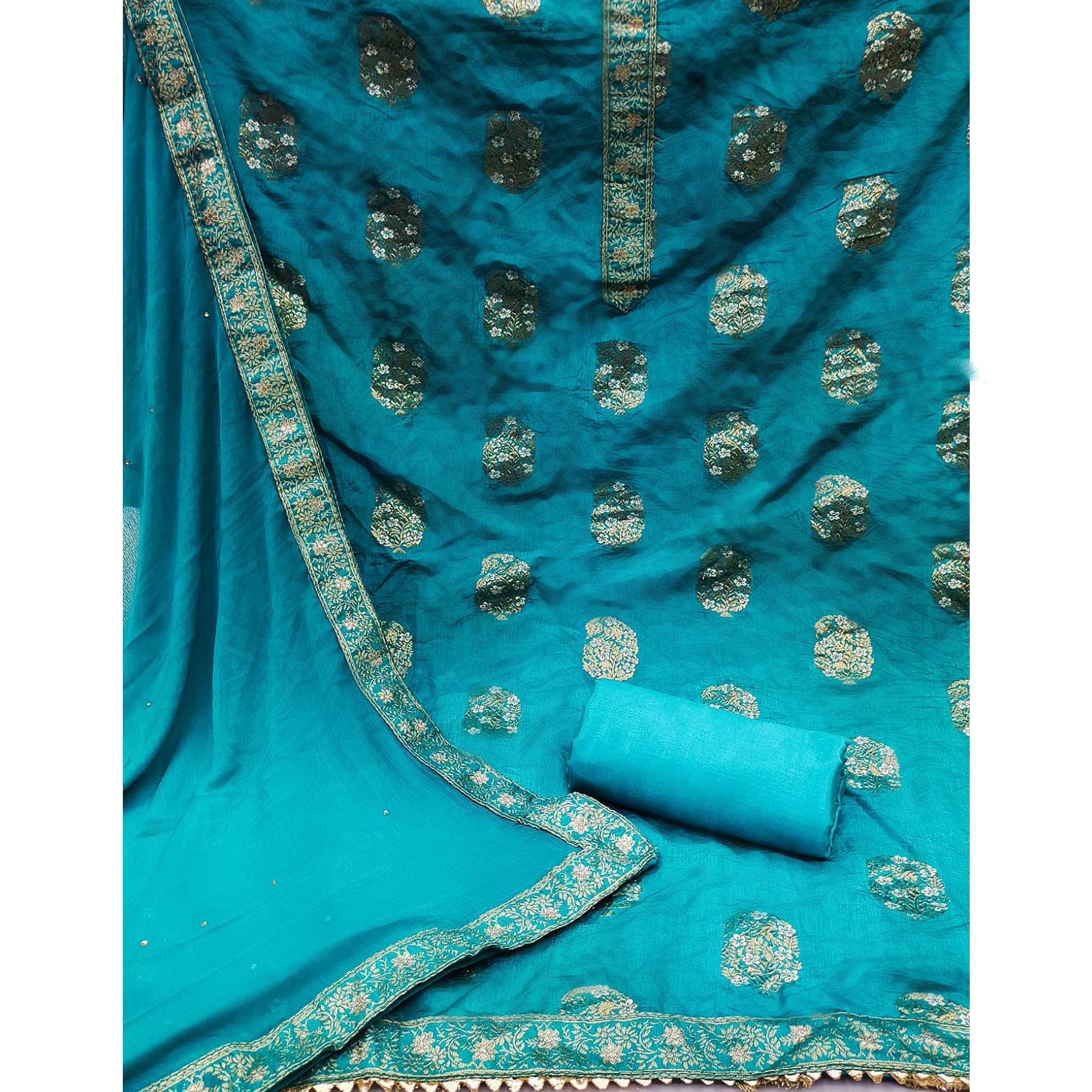 Blue Woven Dola Silk Dress Material - Peachmode