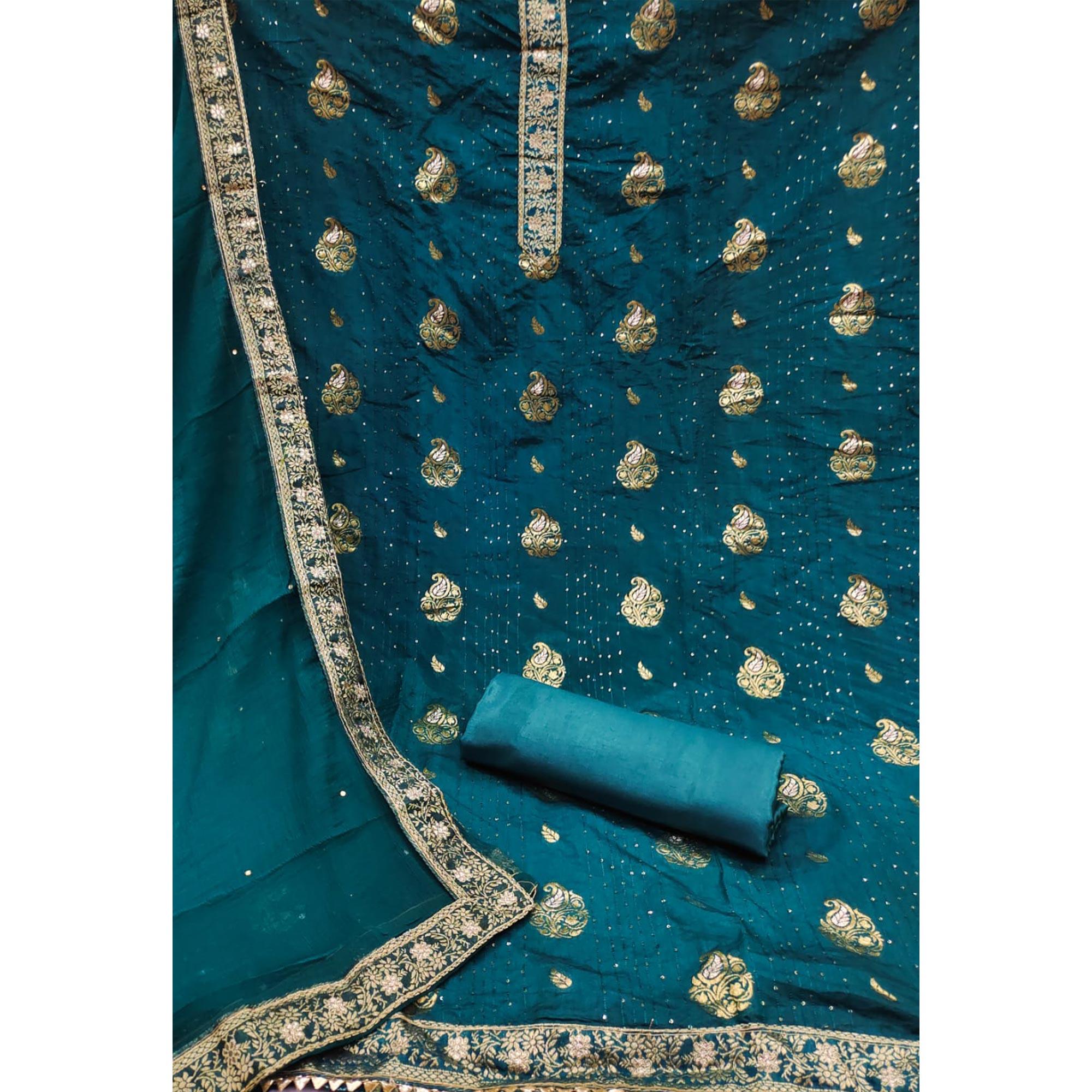 Blue Woven Dola Silk Dress Material - Peachmode