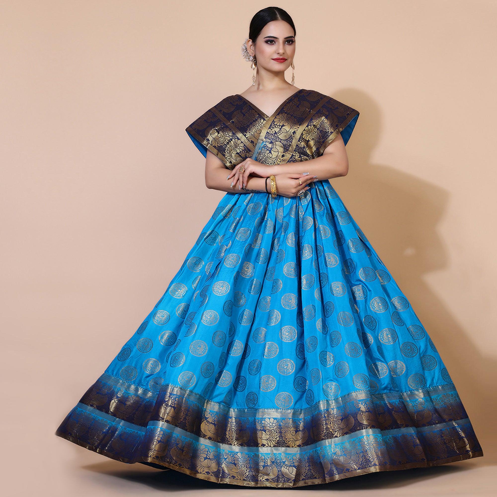 Blue Woven Jacquard Anarkali Style Gown - Peachmode
