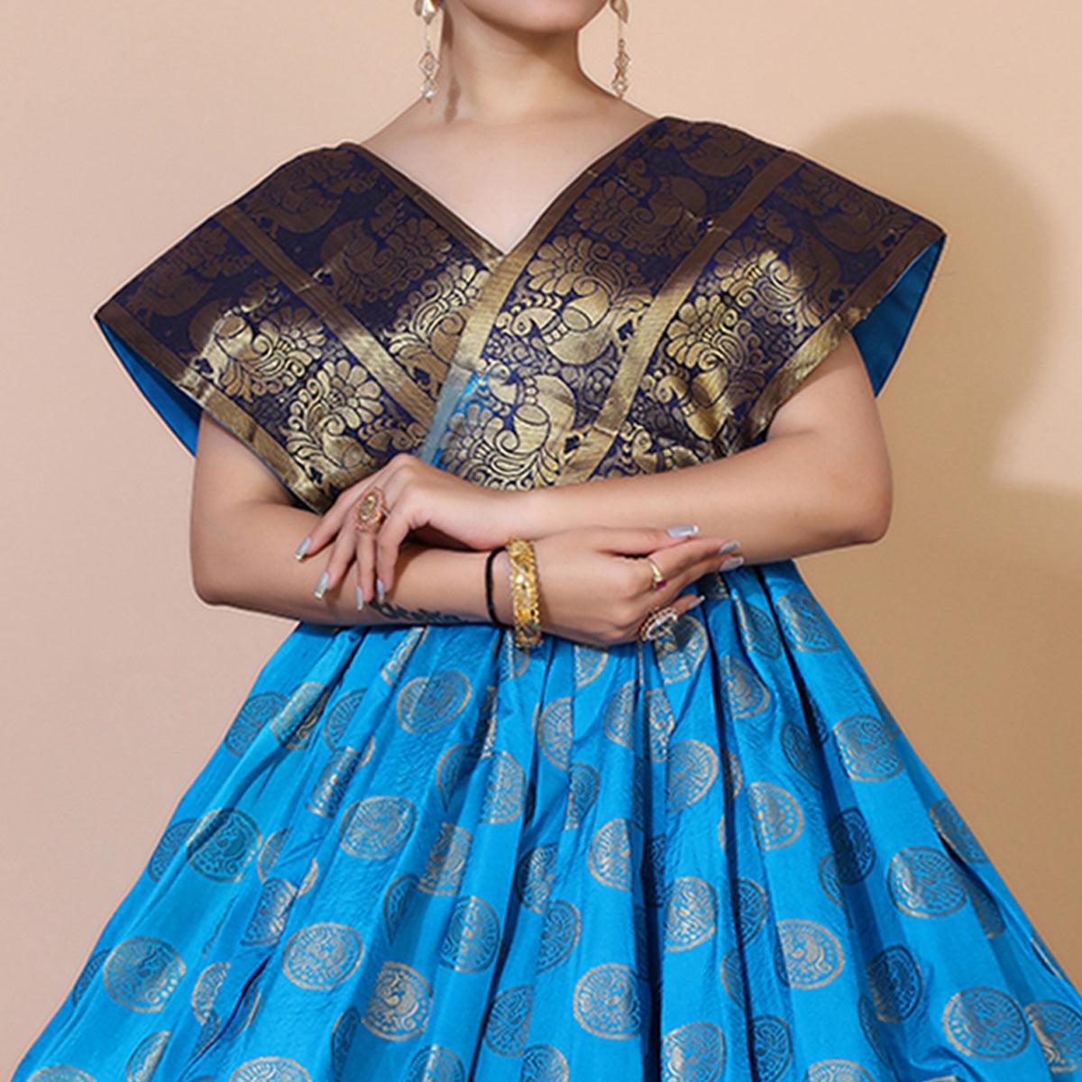 Blue Woven Jacquard Anarkali Style Gown - Peachmode