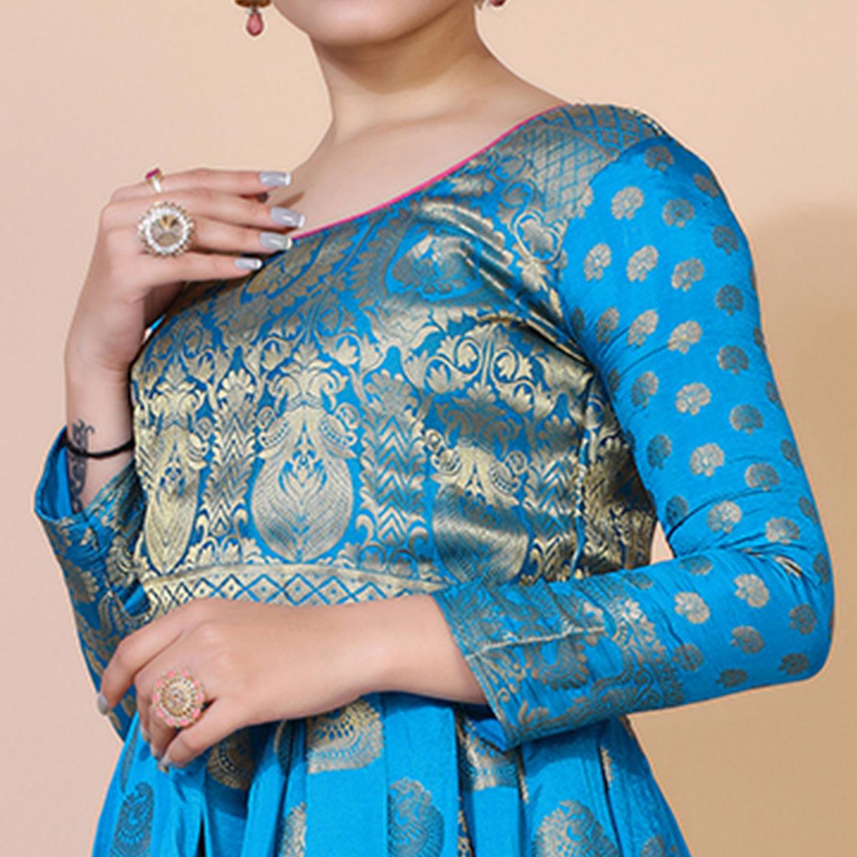 Blue Woven Jacquard Anarkali Style Gown - Peachmode