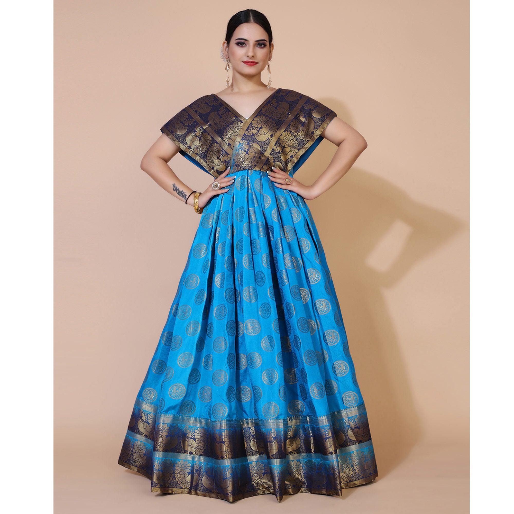 Blue Woven Jacquard Anarkali Style Gown - Peachmode