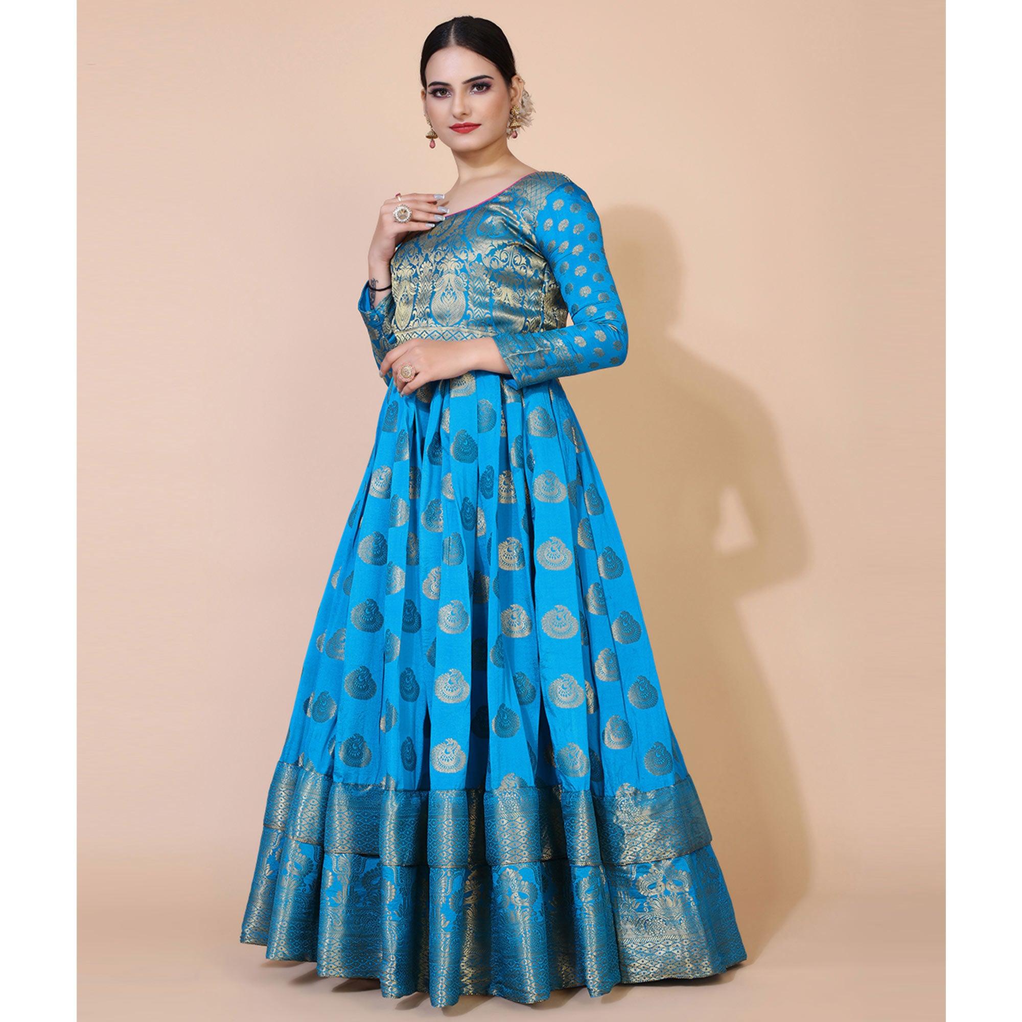 Blue Woven Jacquard Anarkali Style Gown - Peachmode
