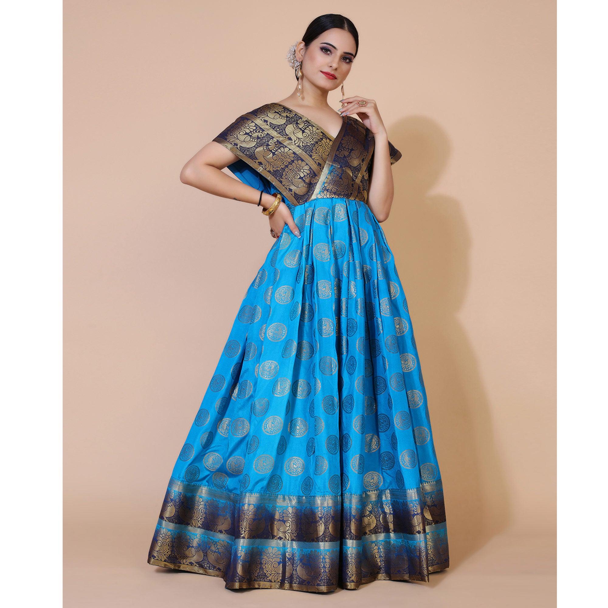 Blue Woven Jacquard Anarkali Style Gown - Peachmode