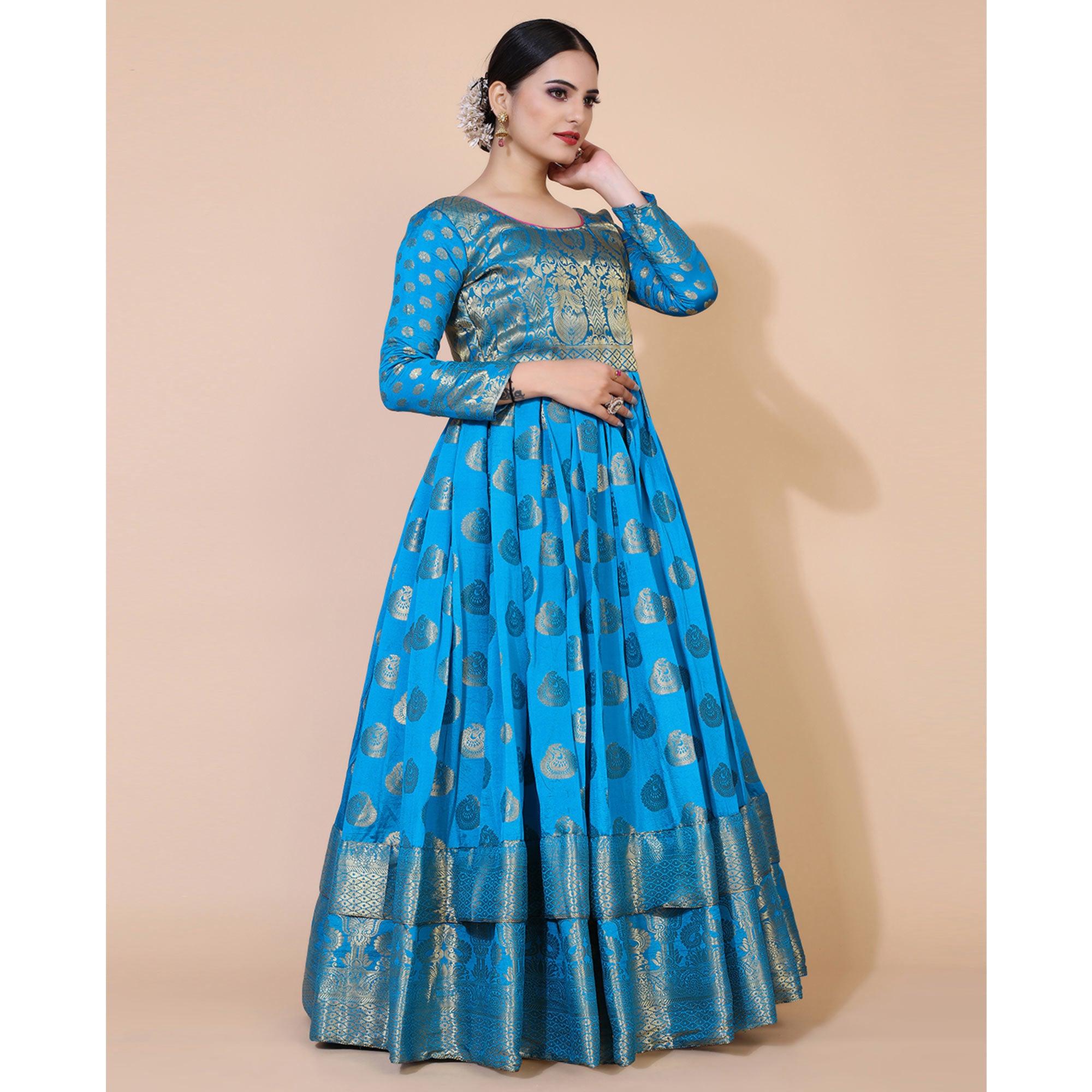 Blue Woven Jacquard Anarkali Style Gown - Peachmode