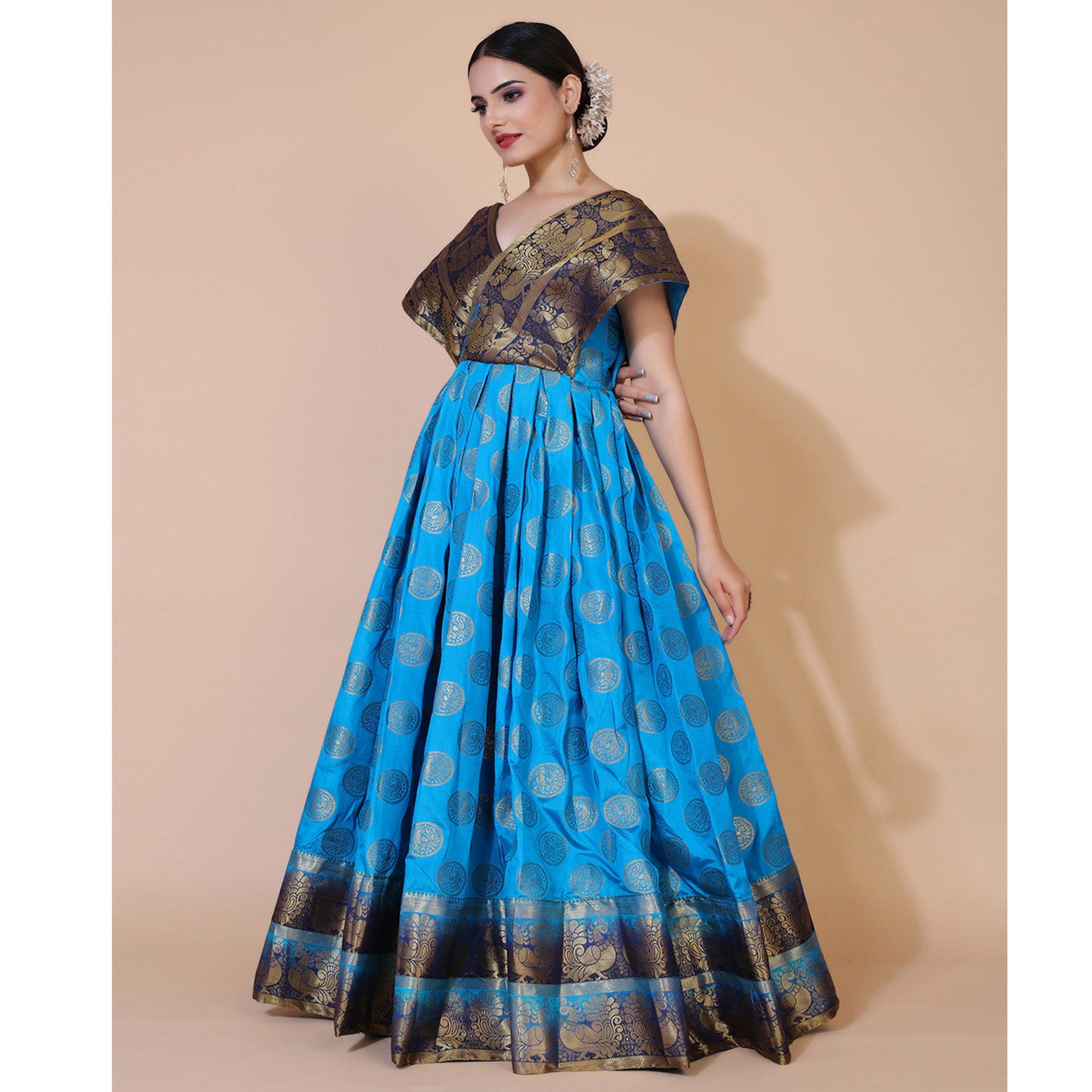 Blue Woven Jacquard Anarkali Style Gown - Peachmode