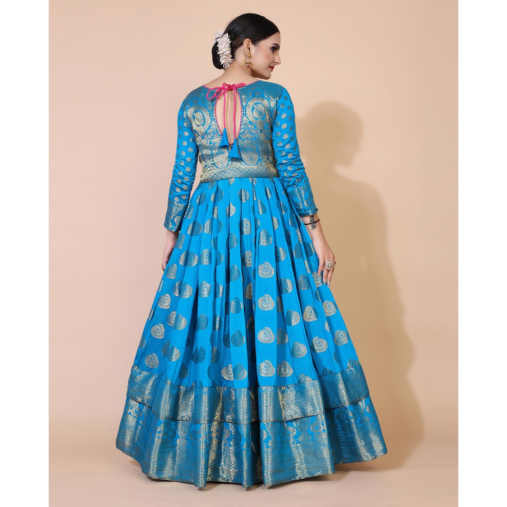 Blue Woven Jacquard Anarkali Style Gown - Peachmode