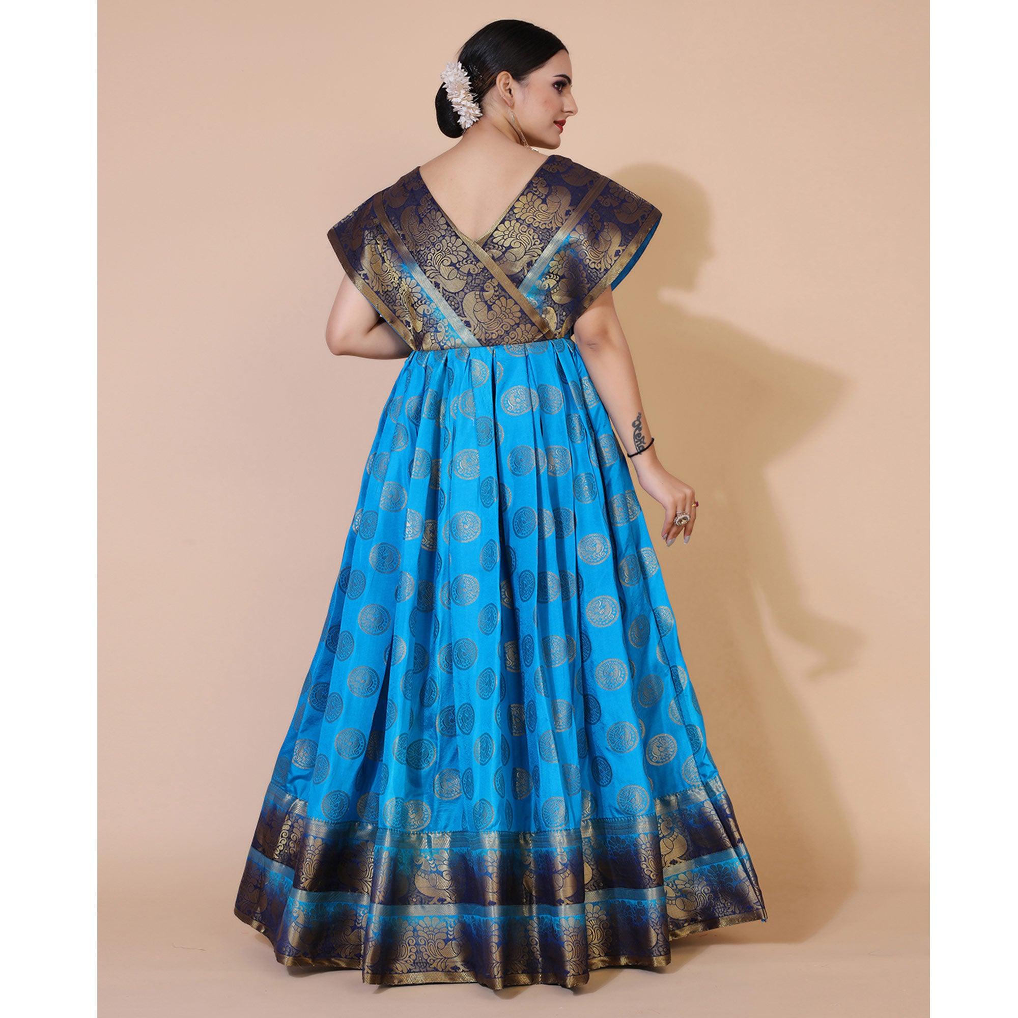 Blue Woven Jacquard Anarkali Style Gown - Peachmode