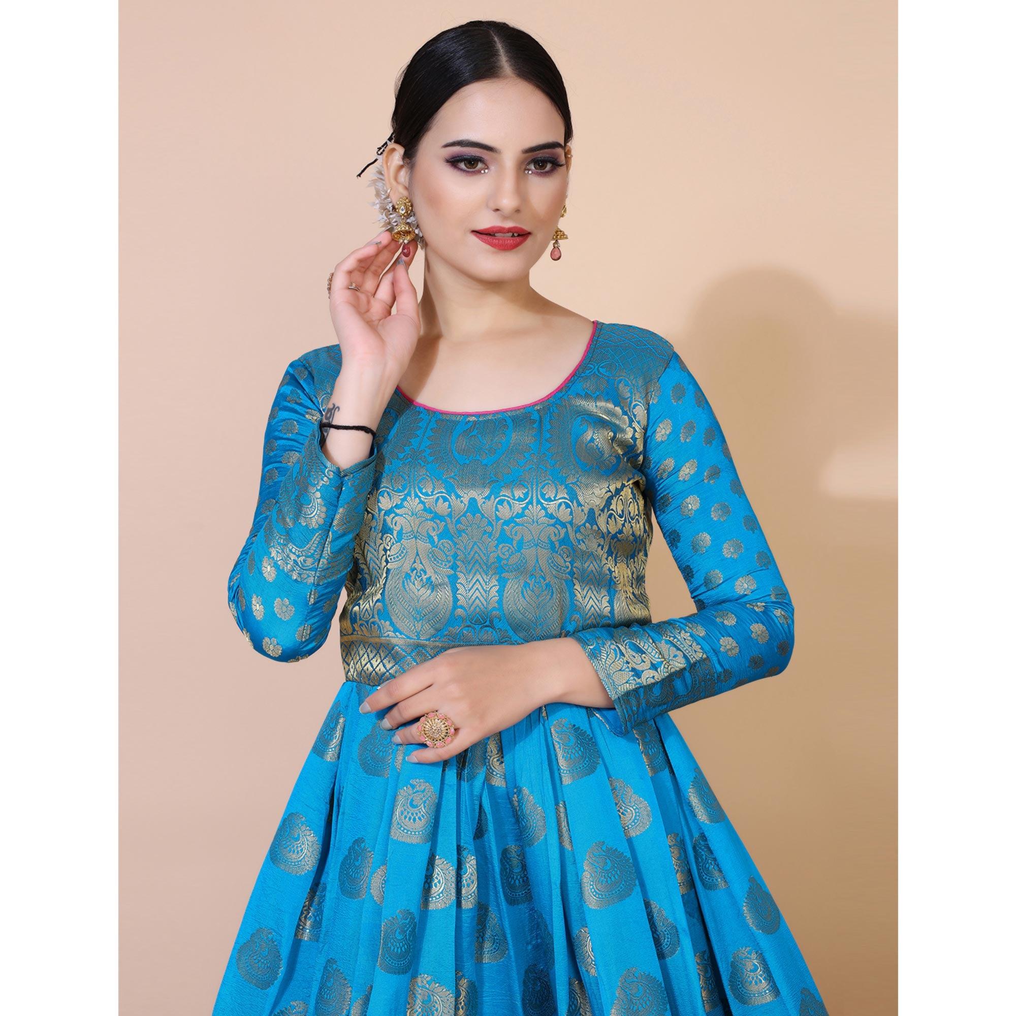 Blue Woven Jacquard Anarkali Style Gown - Peachmode