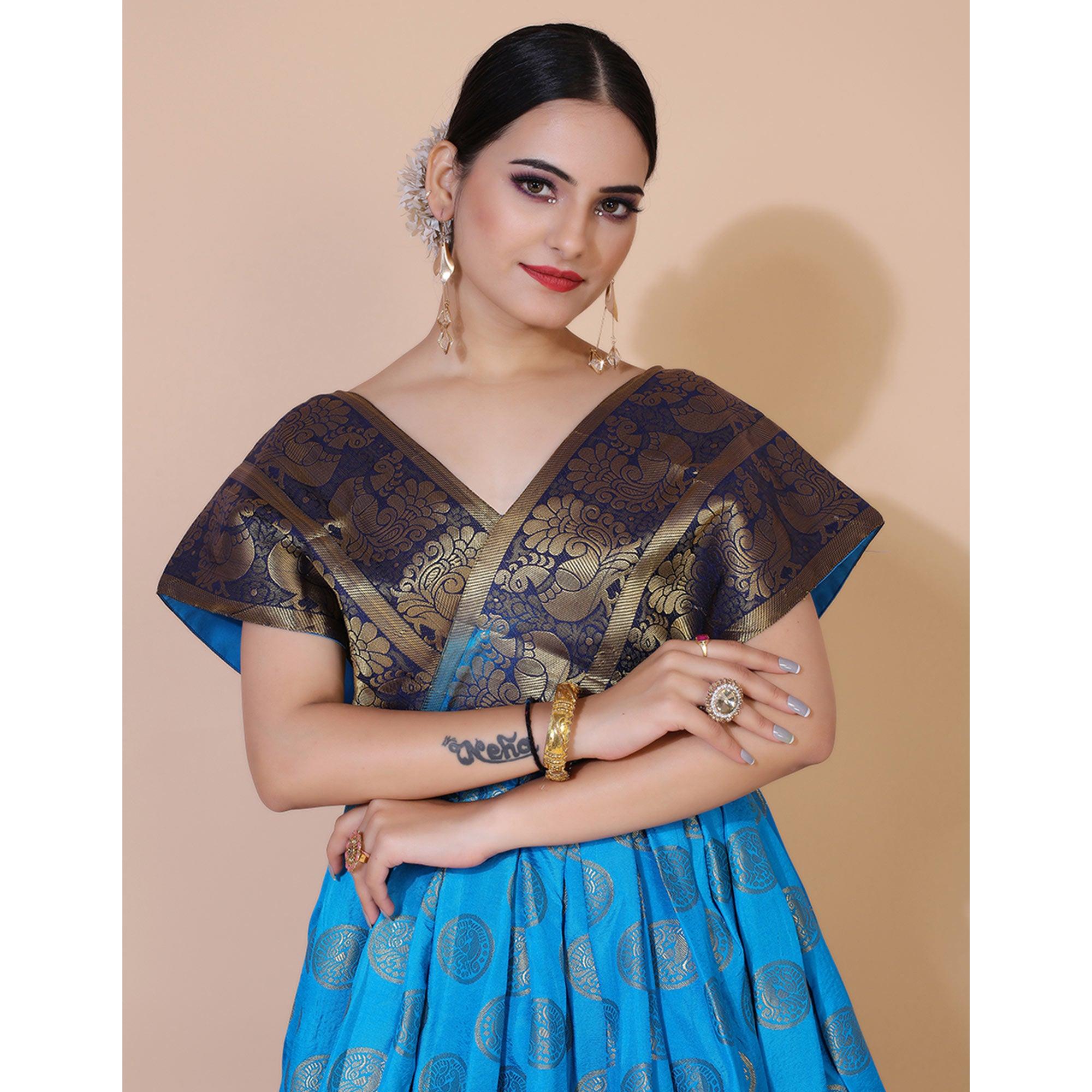 Blue Woven Jacquard Anarkali Style Gown - Peachmode