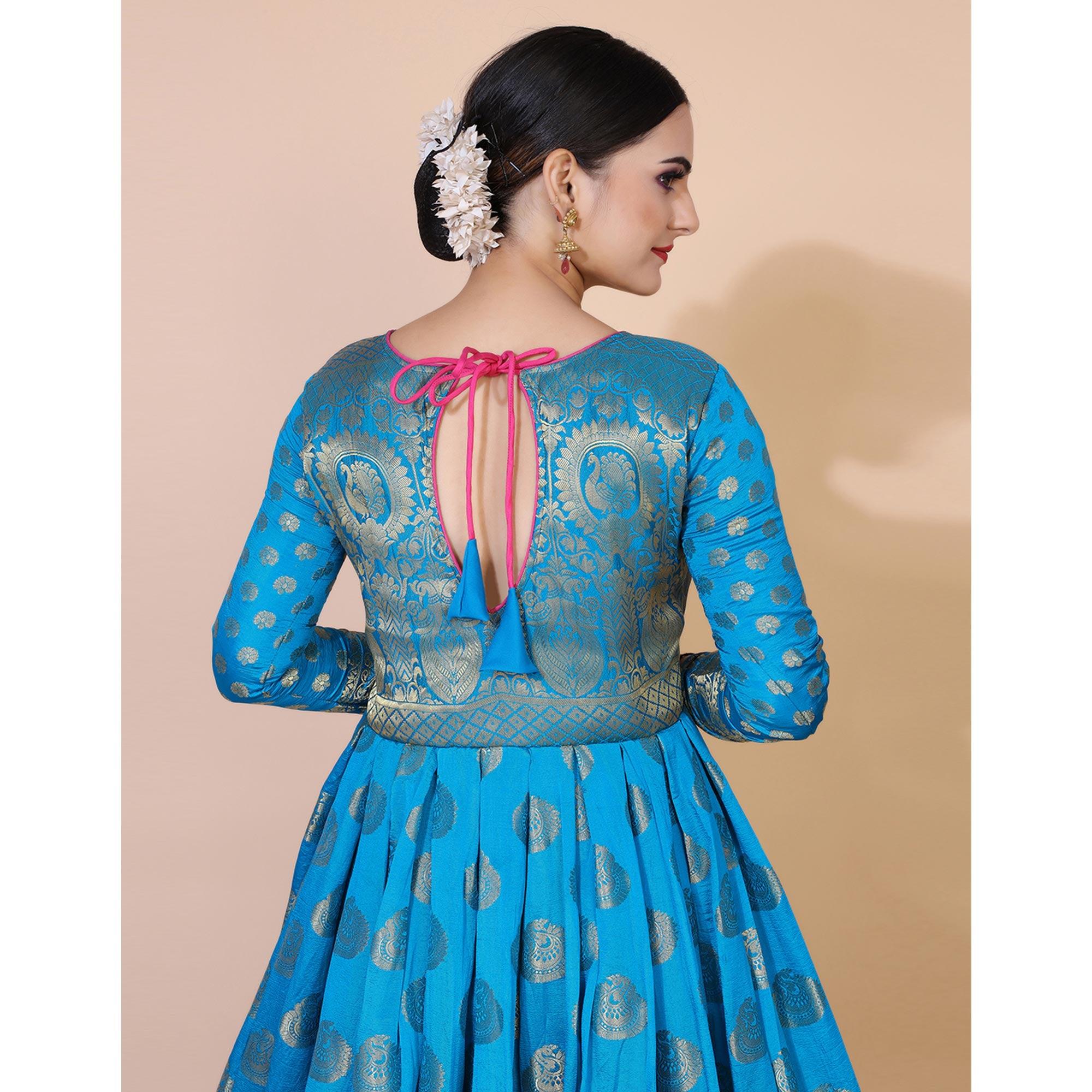 Blue Woven Jacquard Anarkali Style Gown - Peachmode