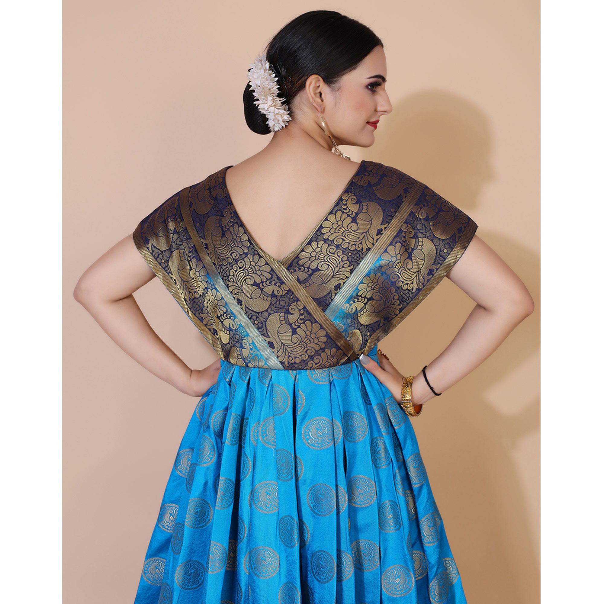 Blue Woven Jacquard Anarkali Style Gown - Peachmode