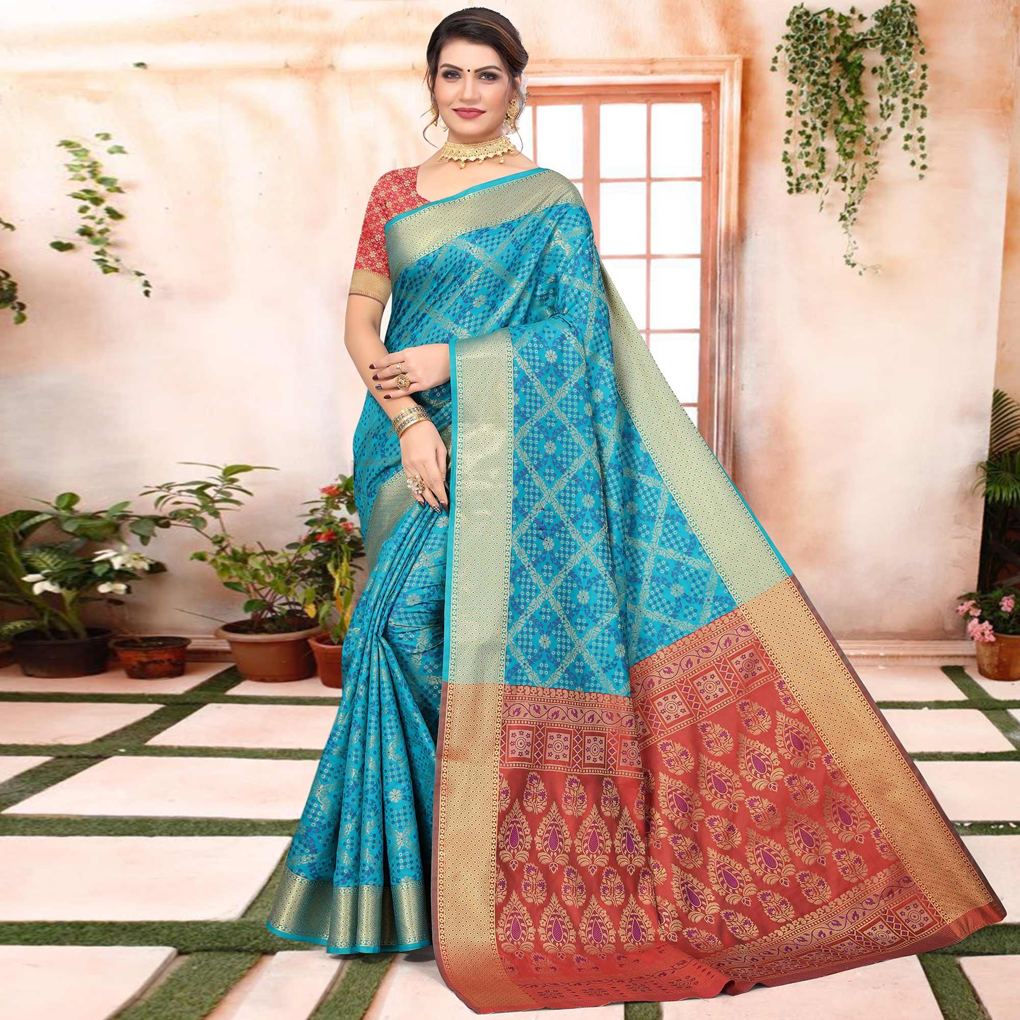 Blue Woven Jacquard Saree - Peachmode