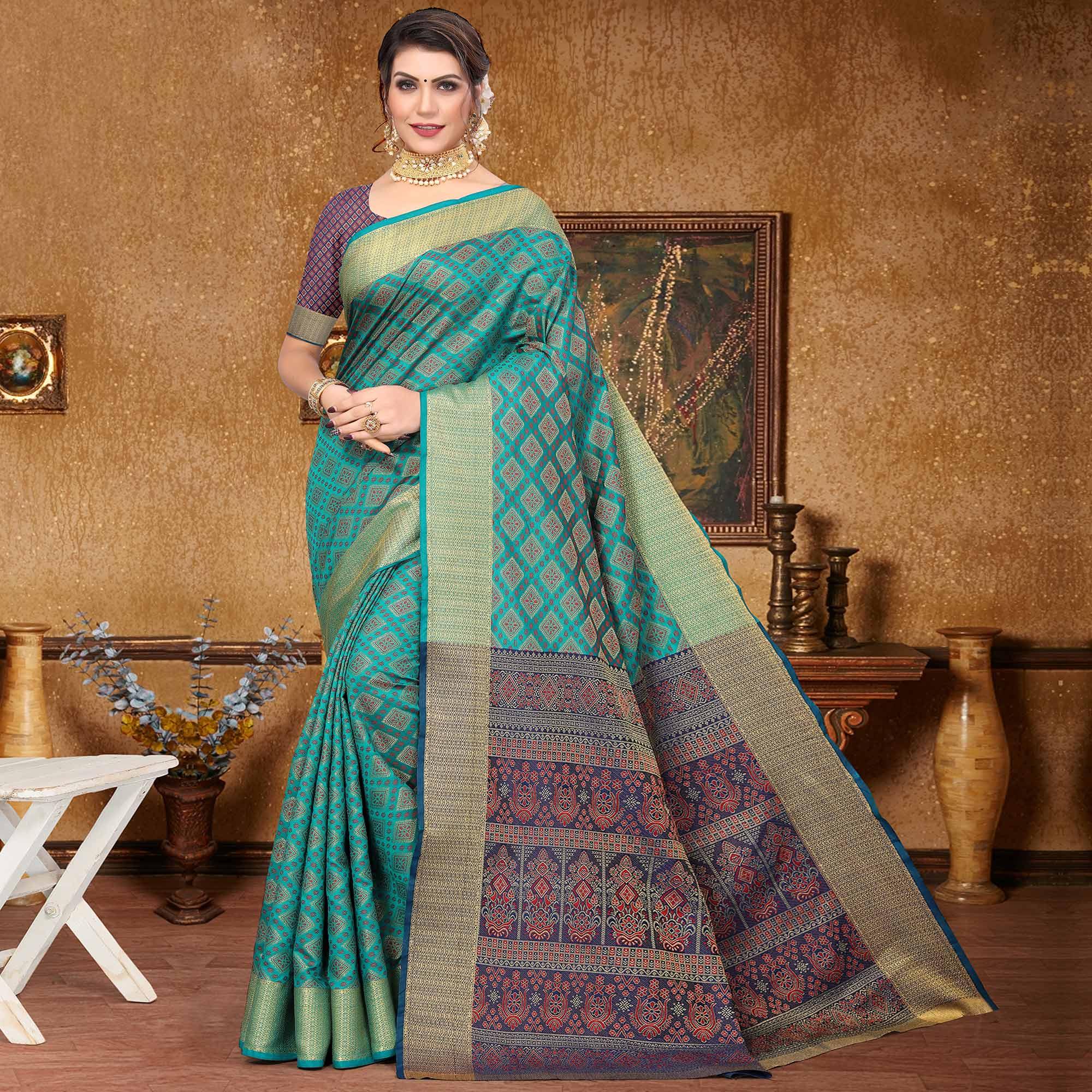Blue Woven Jacquard Saree - Peachmode