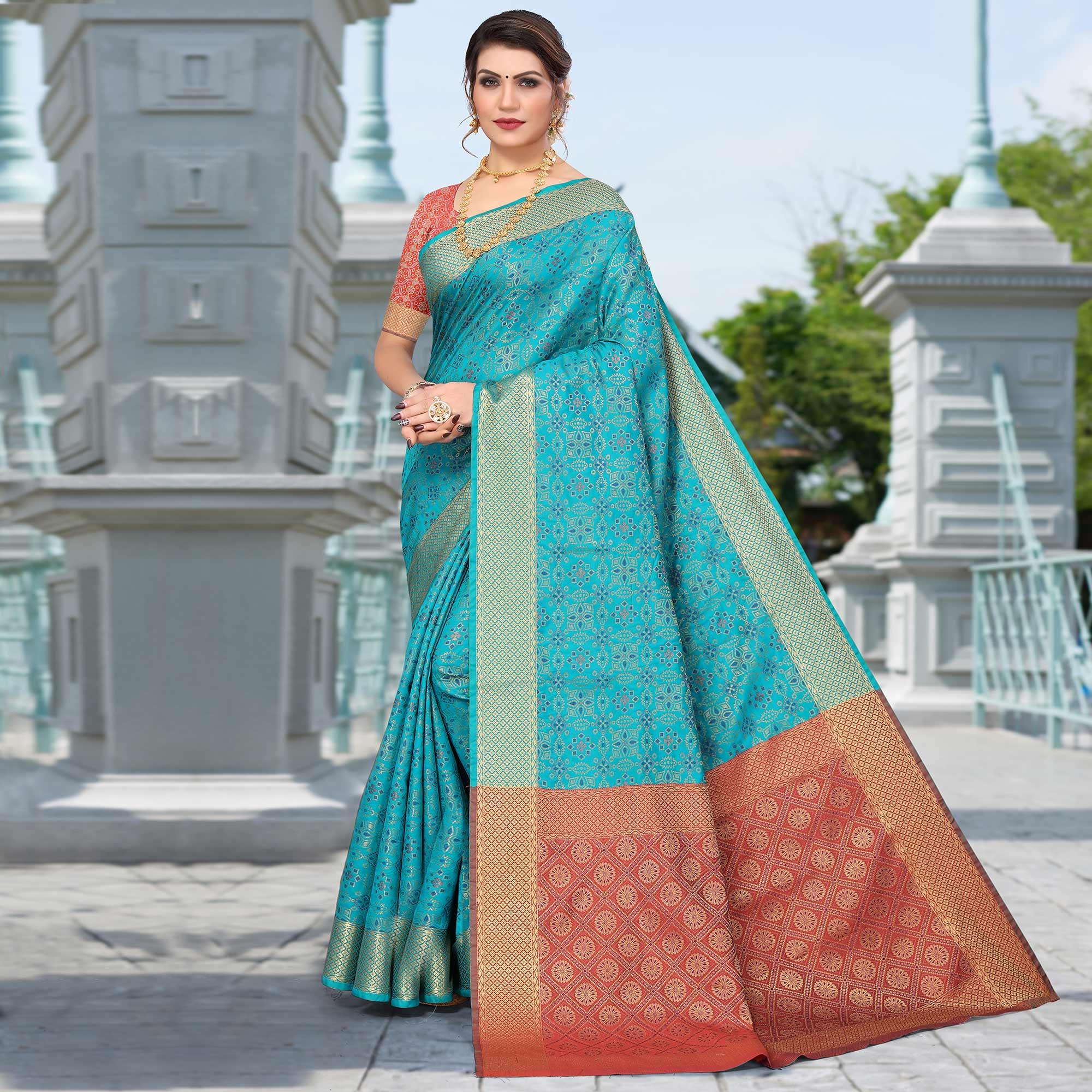 Blue Woven Jacquard Saree - Peachmode
