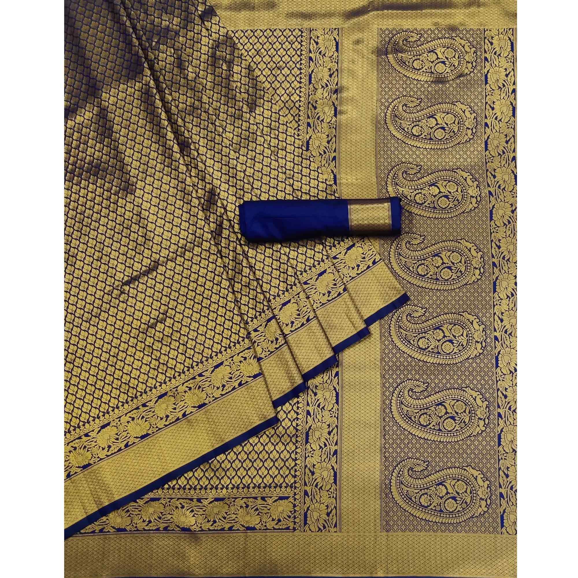 Blue Woven Jacquard Saree - Peachmode