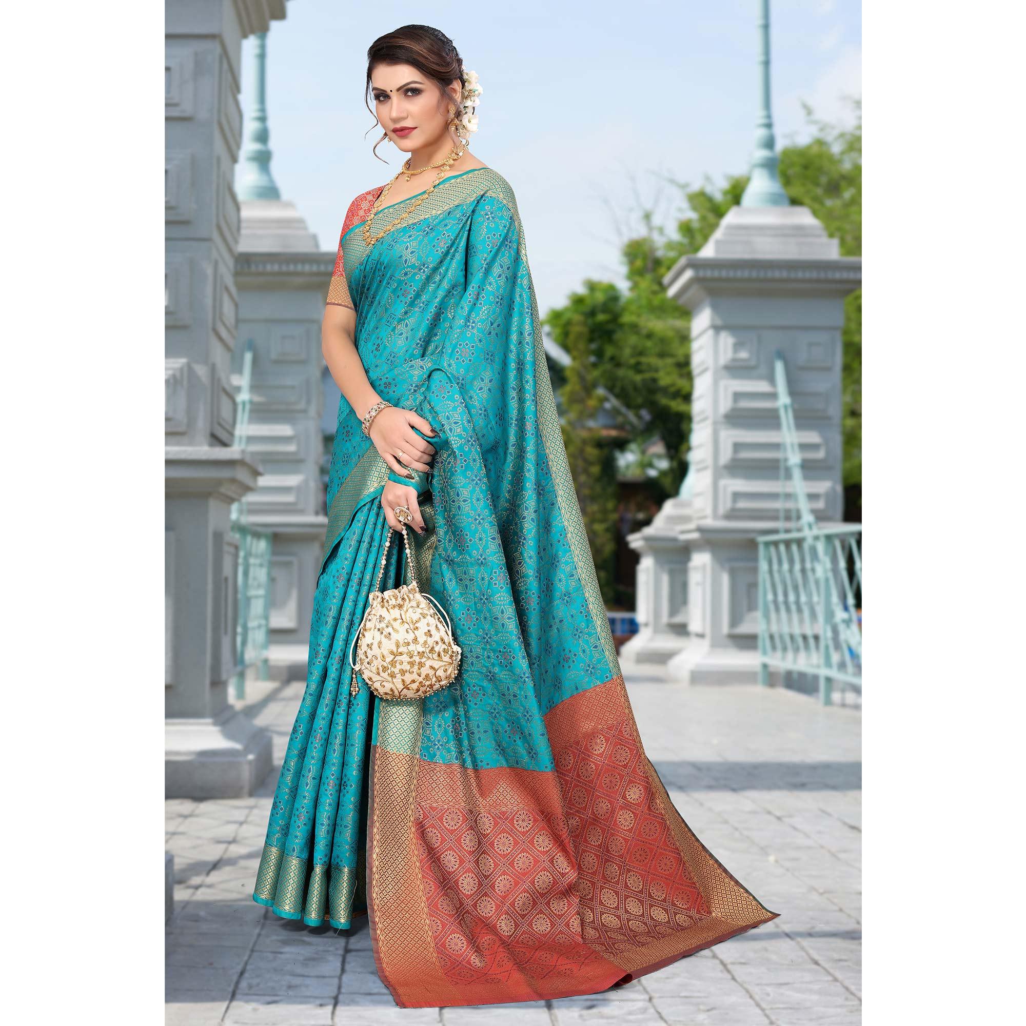 Blue Woven Jacquard Saree - Peachmode