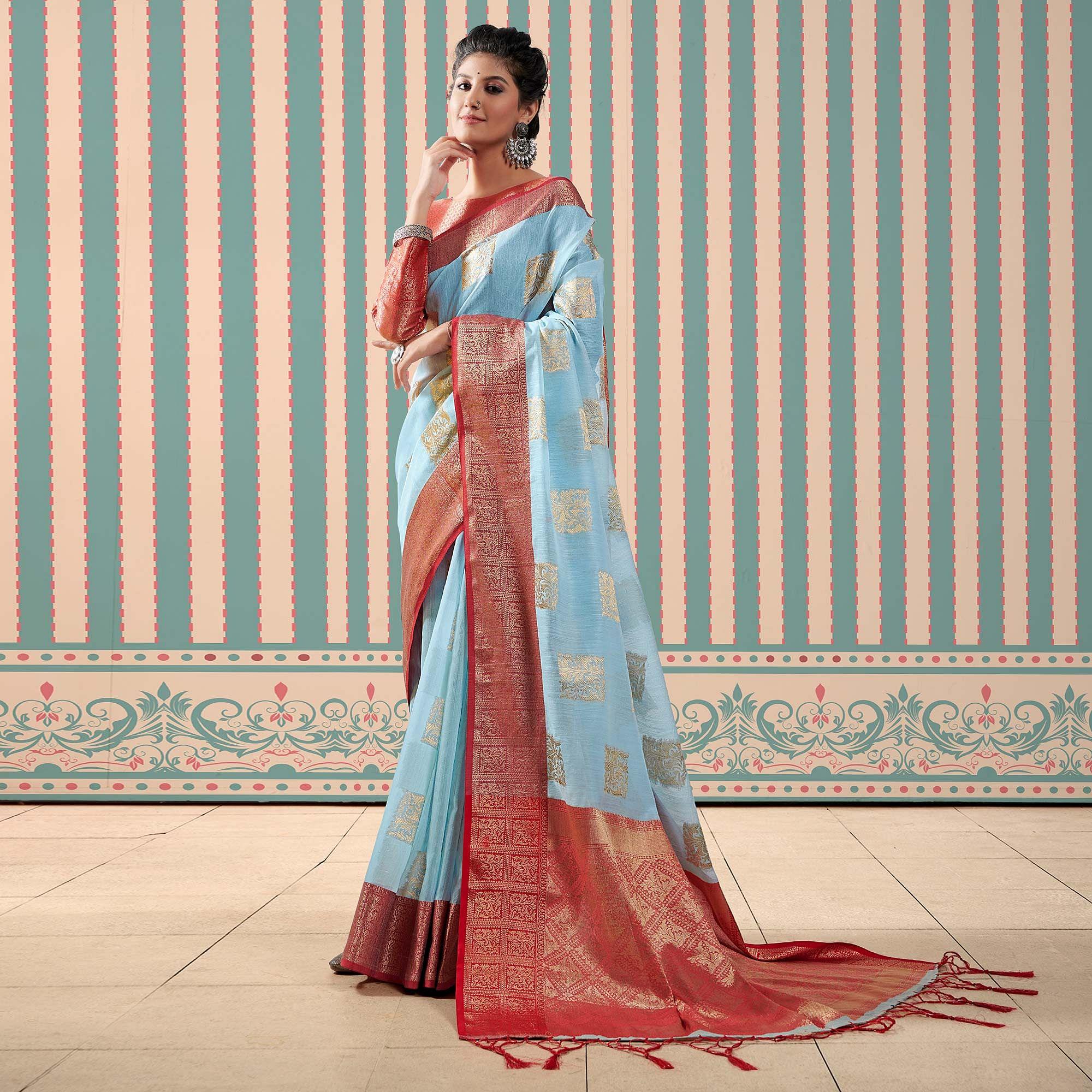 Blue Woven Linen Saree With Tassels - Peachmode
