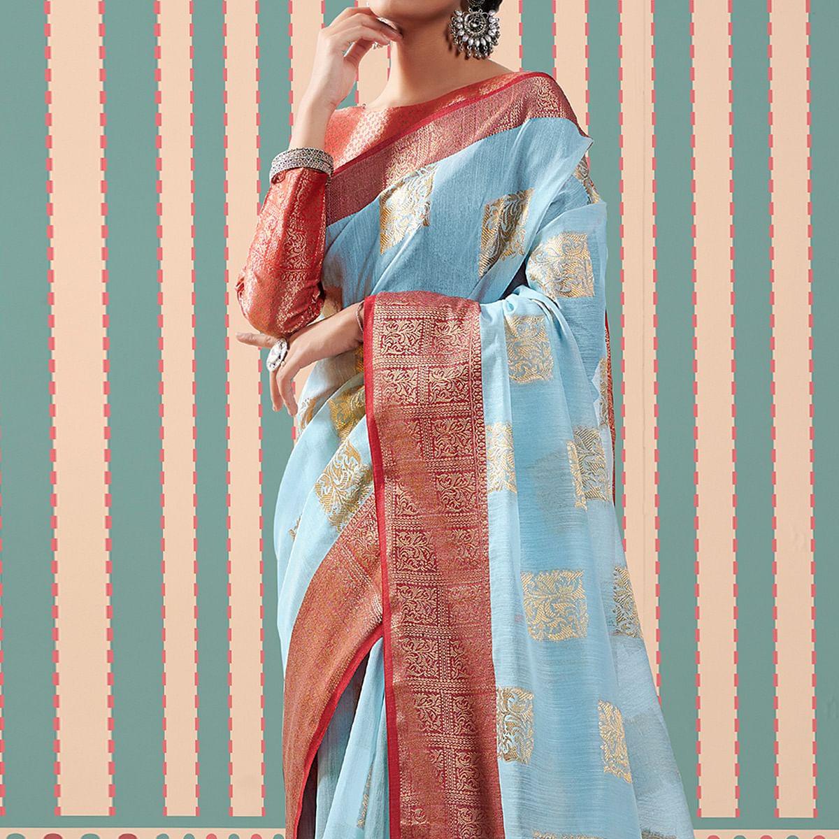 Blue Woven Linen Saree With Tassels - Peachmode