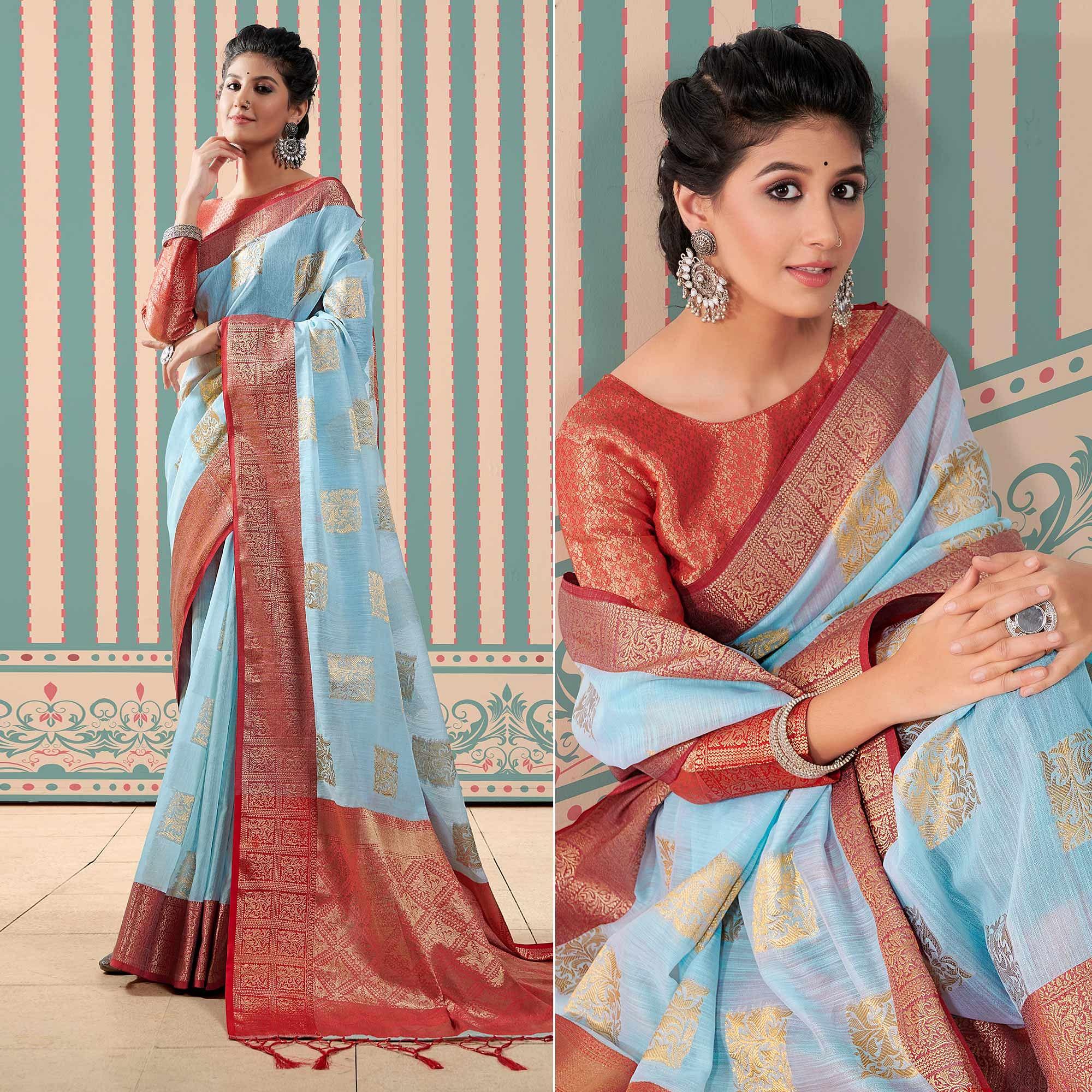 Blue Woven Linen Saree With Tassels - Peachmode
