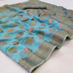 Blue Woven Organza Saree - Peachmode