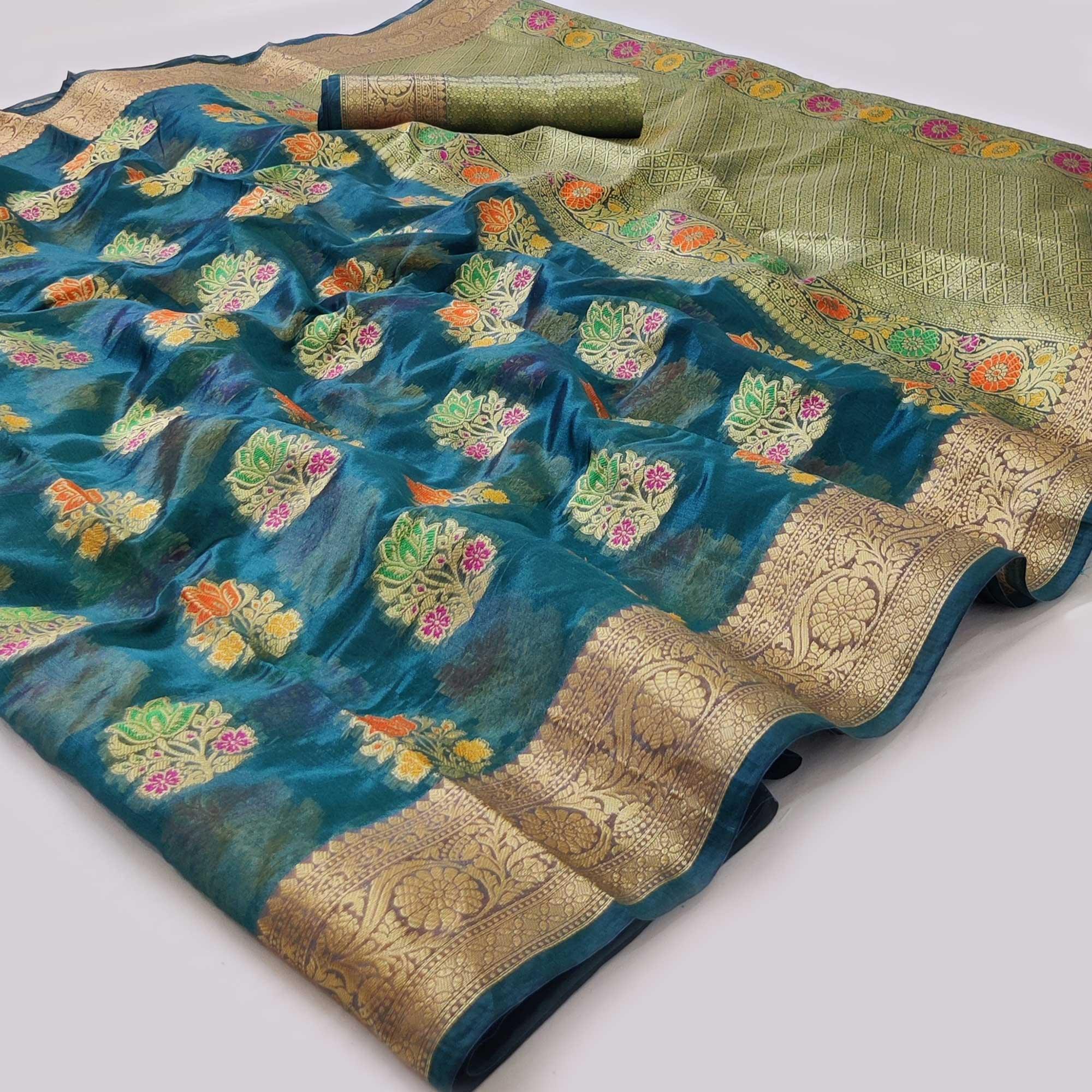 Blue Woven Organza Saree - Peachmode