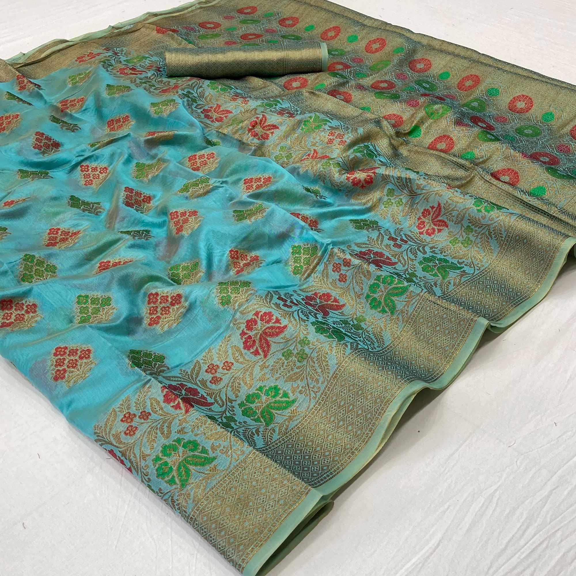 Blue Woven Organza Saree - Peachmode