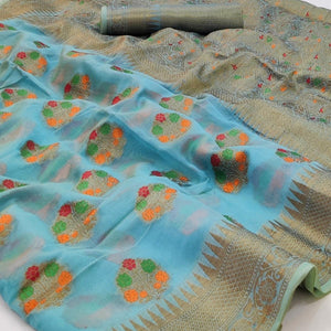 Blue Woven Organza Saree - Peachmode